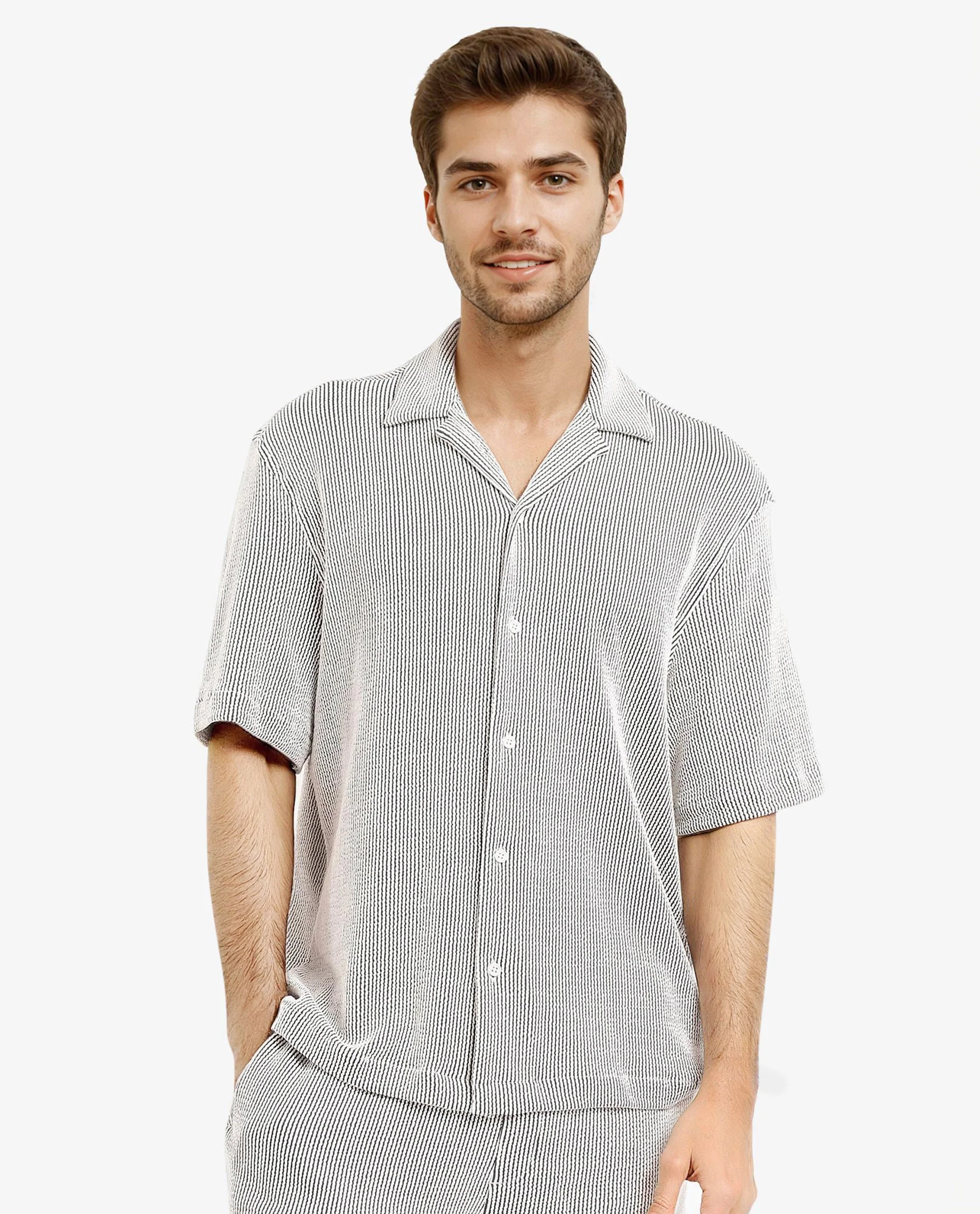 Rare Rabbit Men's Zavet-S Black Cotton Striped Print Boxy Fit Half Sleeve Cuban Collar Shirt