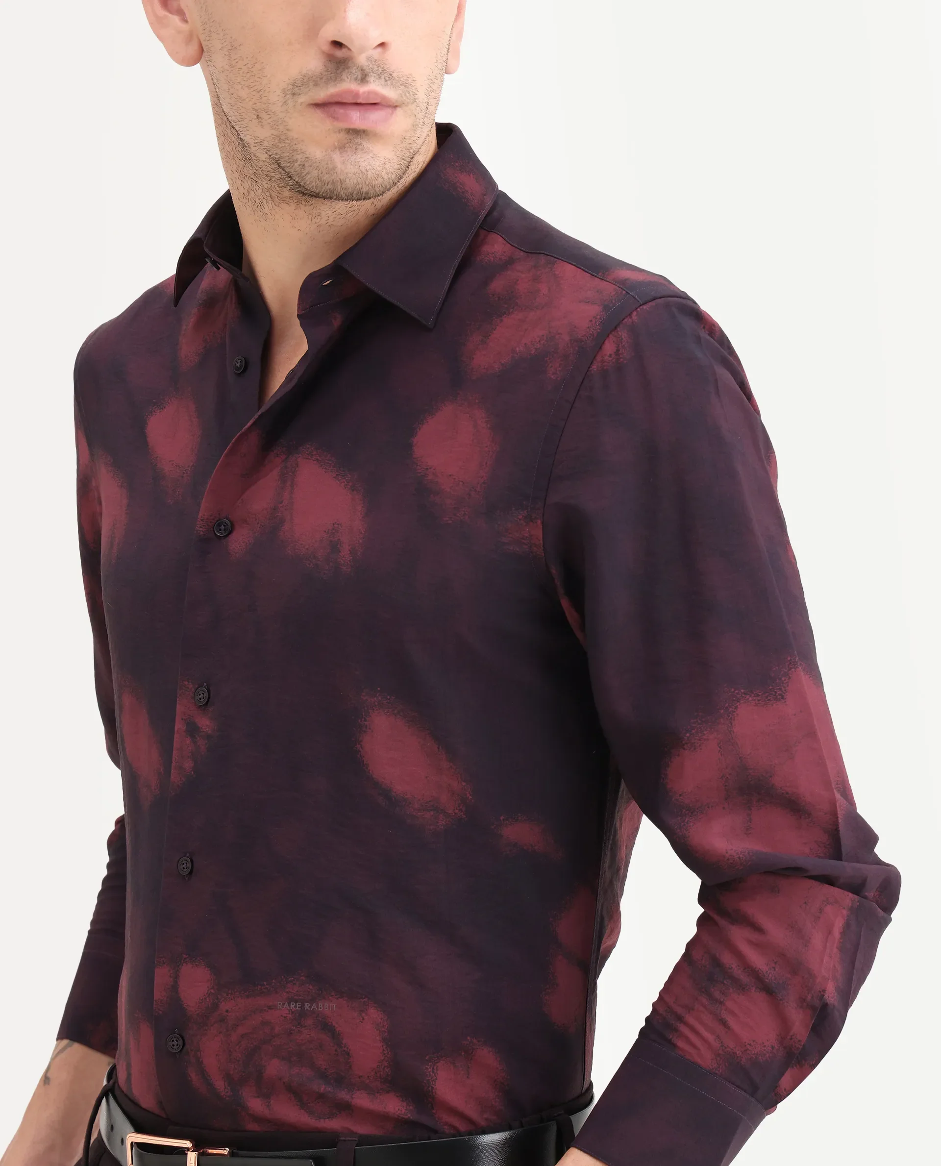 Rare Rabbit Men's Zena Maroon Viscose Blend Fabric Collared Neck Regular Printed Shirt - Image 3
