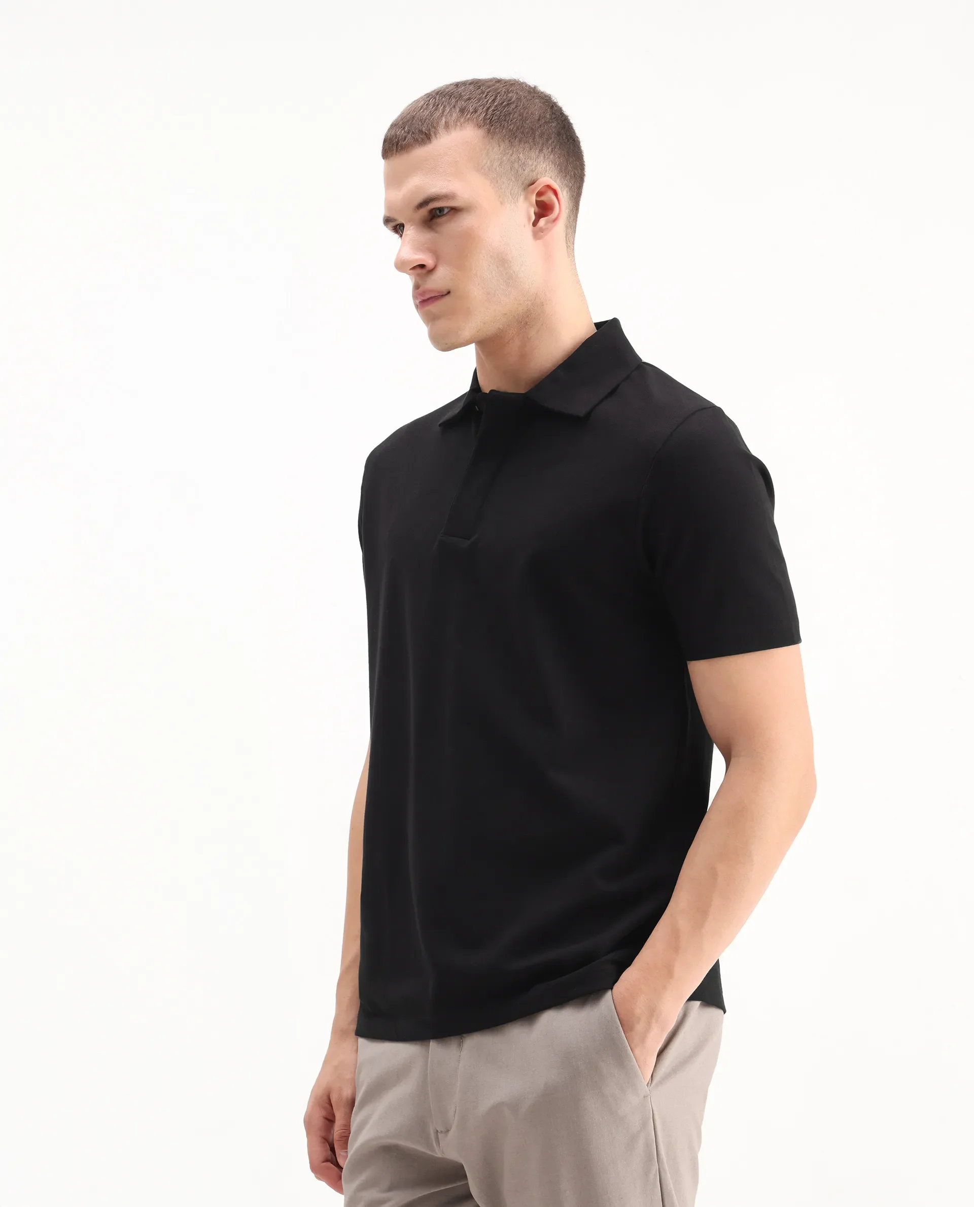 Rare Rabbit Men's Zeni Black Cotton Plain Regular Fit Half Sleeve Polo - Image 6