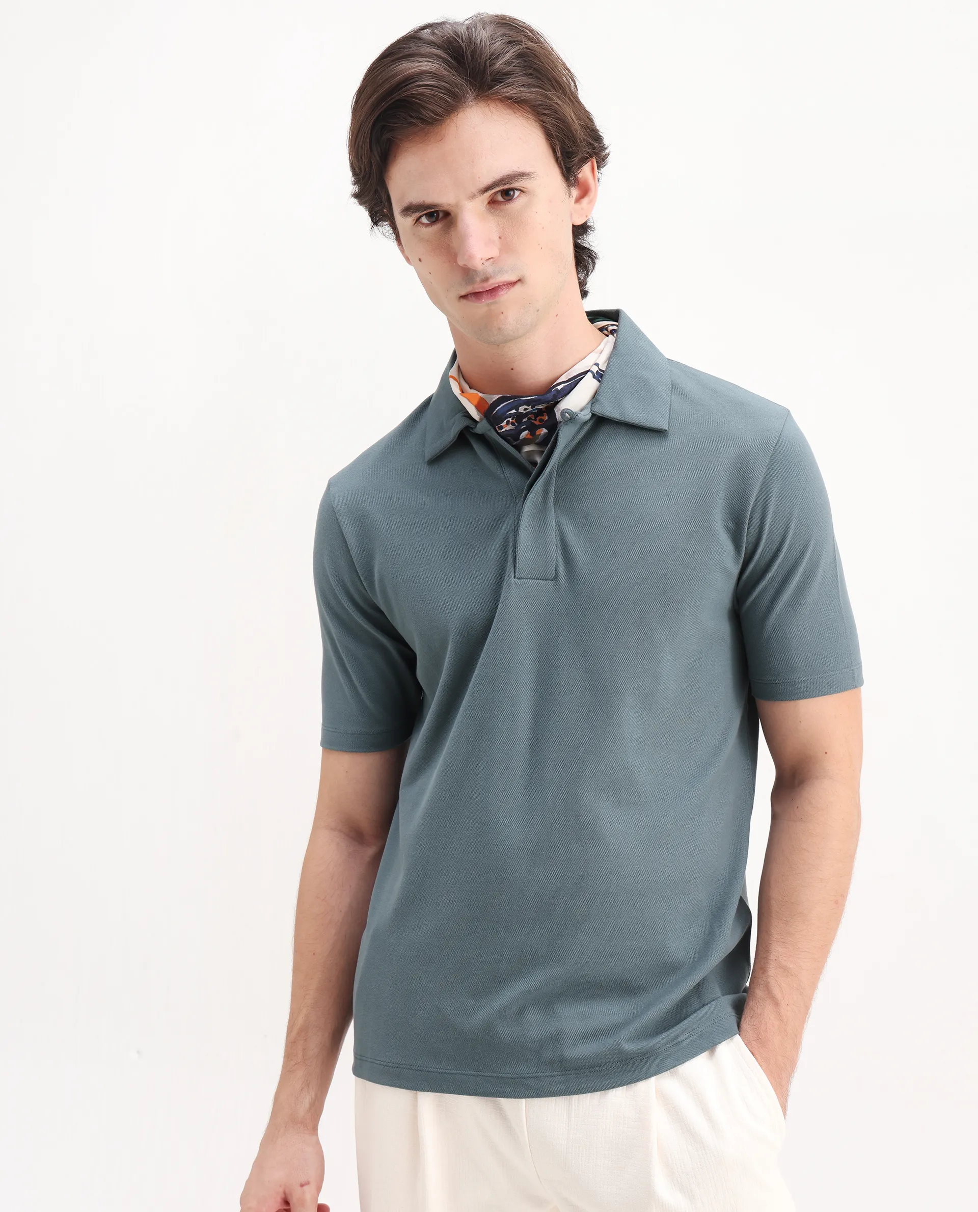 Rare Rabbit Men's Zeni Dusky Green Cotton Plain Regular Fit Half Sleeve Polo