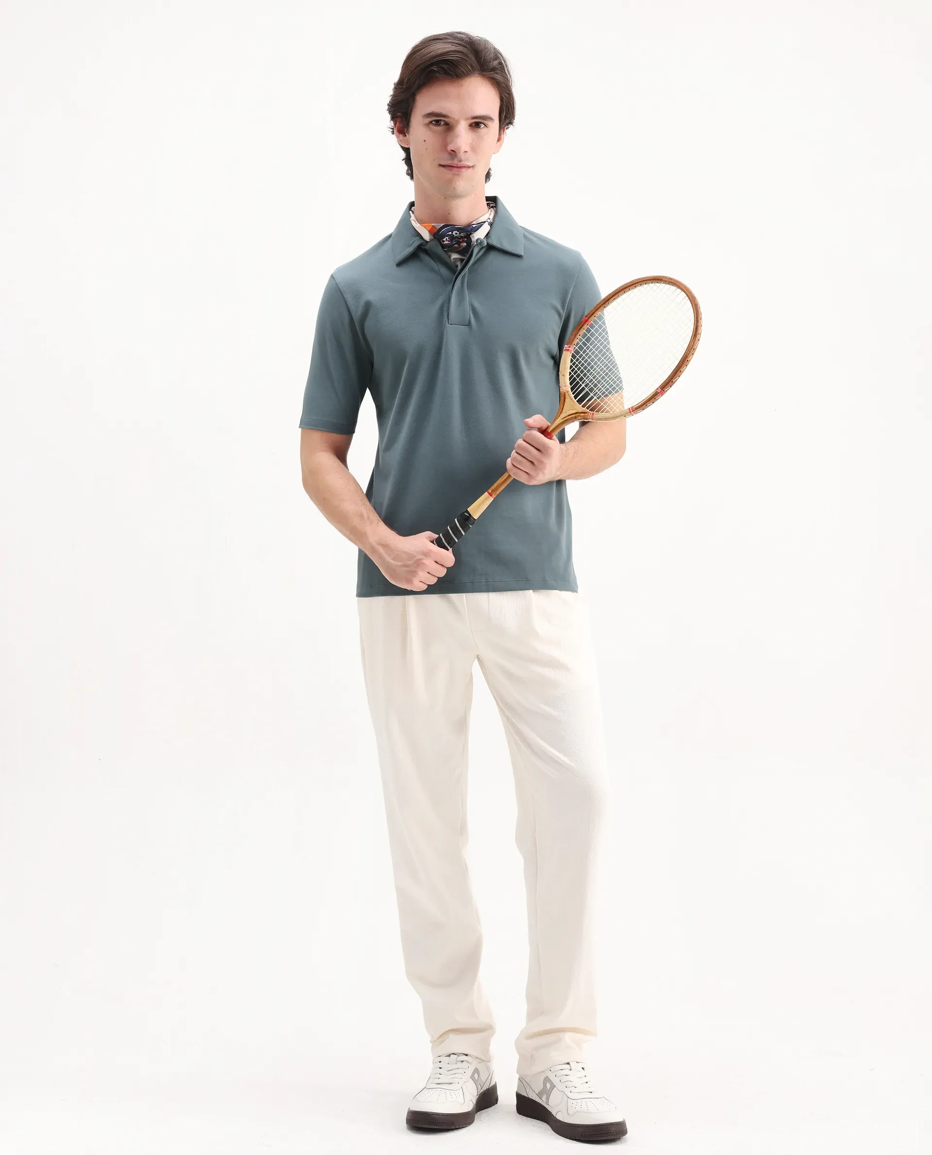 Rare Rabbit Men's Zeni Dusky Green Cotton Plain Regular Fit Half Sleeve Polo - Image 2
