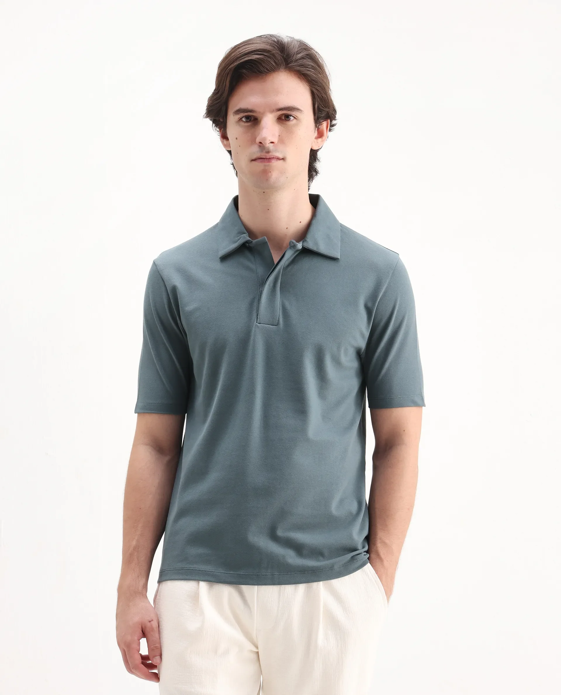 Rare Rabbit Men's Zeni Dusky Green Cotton Plain Regular Fit Half Sleeve Polo - Image 4