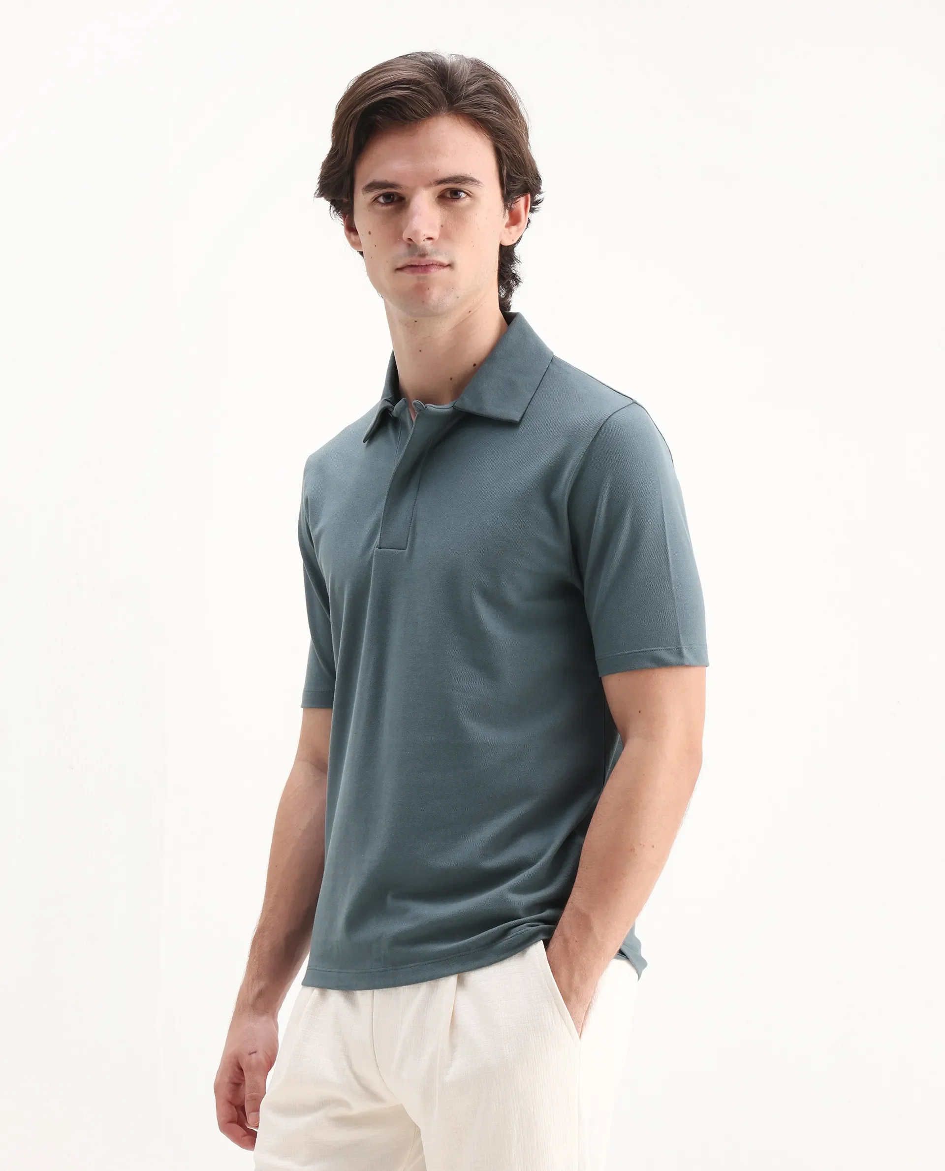 Rare Rabbit Men's Zeni Dusky Green Cotton Plain Regular Fit Half Sleeve Polo - Image 5