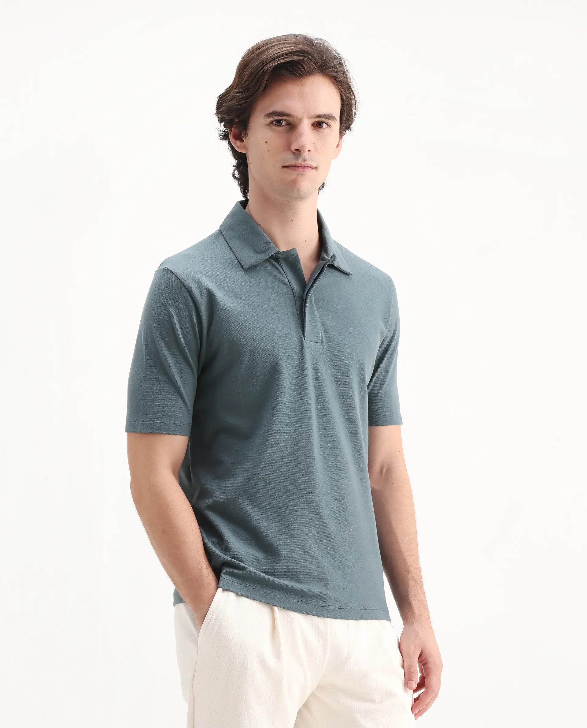 Rare Rabbit Men's Zeni Dusky Green Cotton Plain Regular Fit Half Sleeve Polo - Image 6