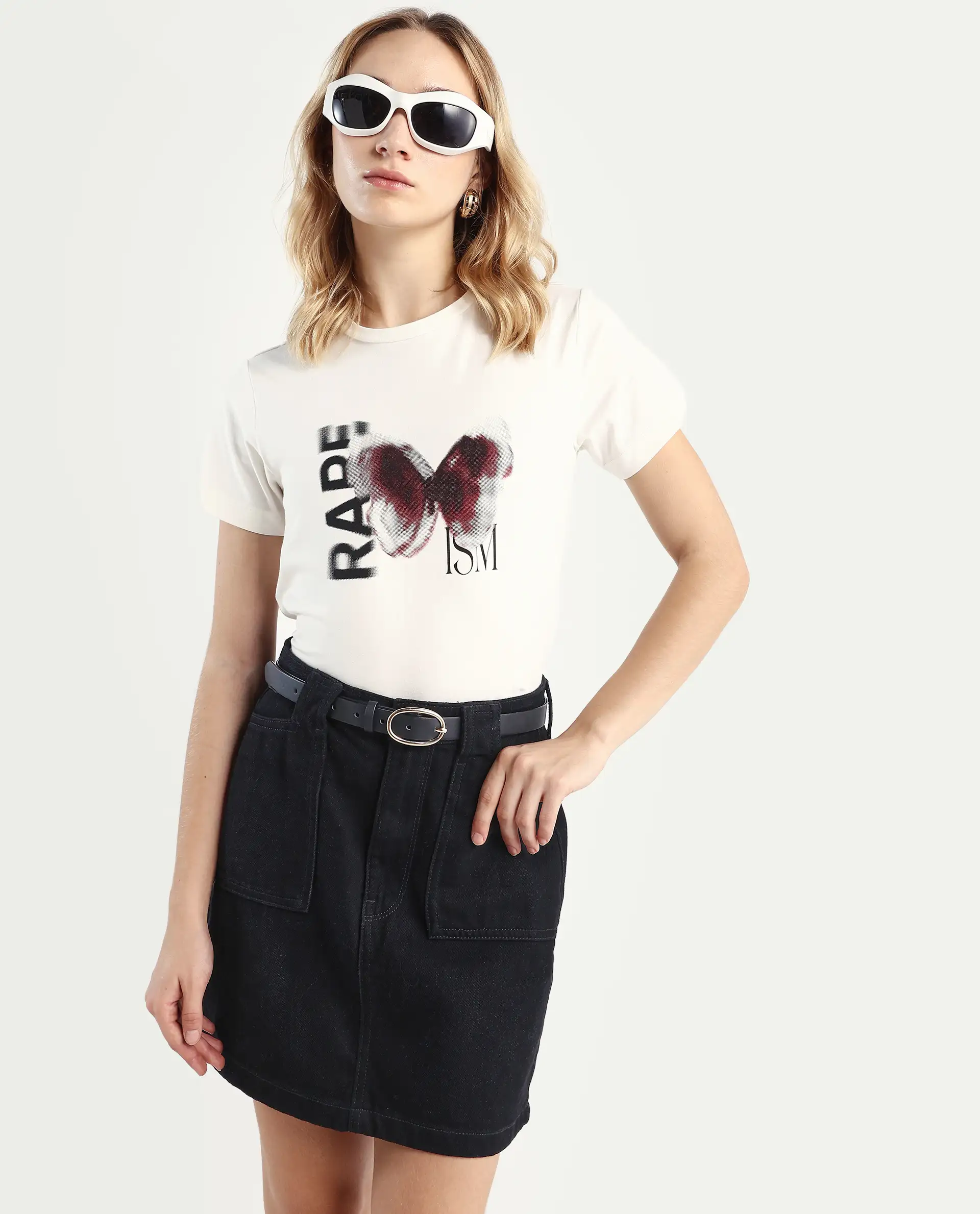 Rareism Women's Zenon Off White Cotton Blend Crew Neck Graphic Print Regular Fit T-Shirt