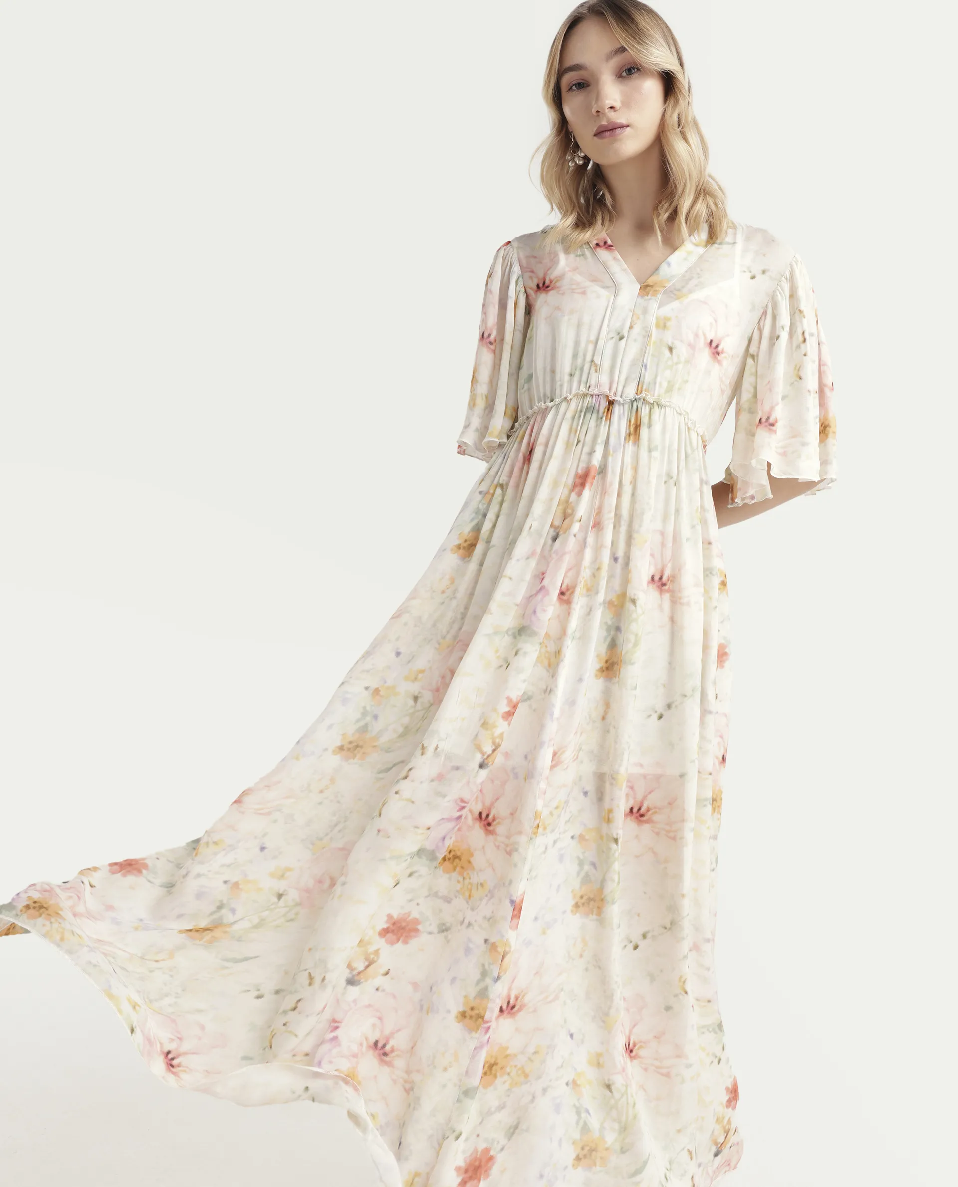 Rareism Women's Zenya Off White Polyester Blend V-Neck Floral Print Flared Sleeve Maxi Flared Dress