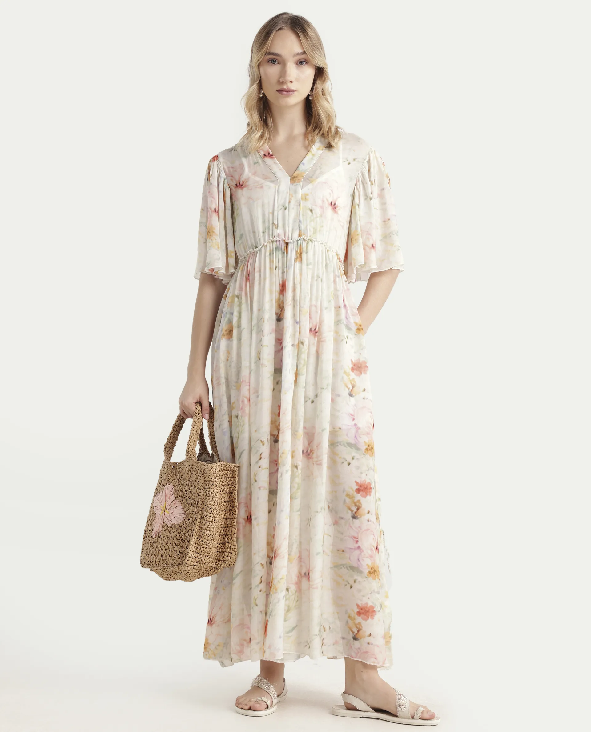 Rareism Women's Zenya Off White Polyester Blend V-Neck Floral Print Flared Sleeve Maxi Flared Dress - Image 3