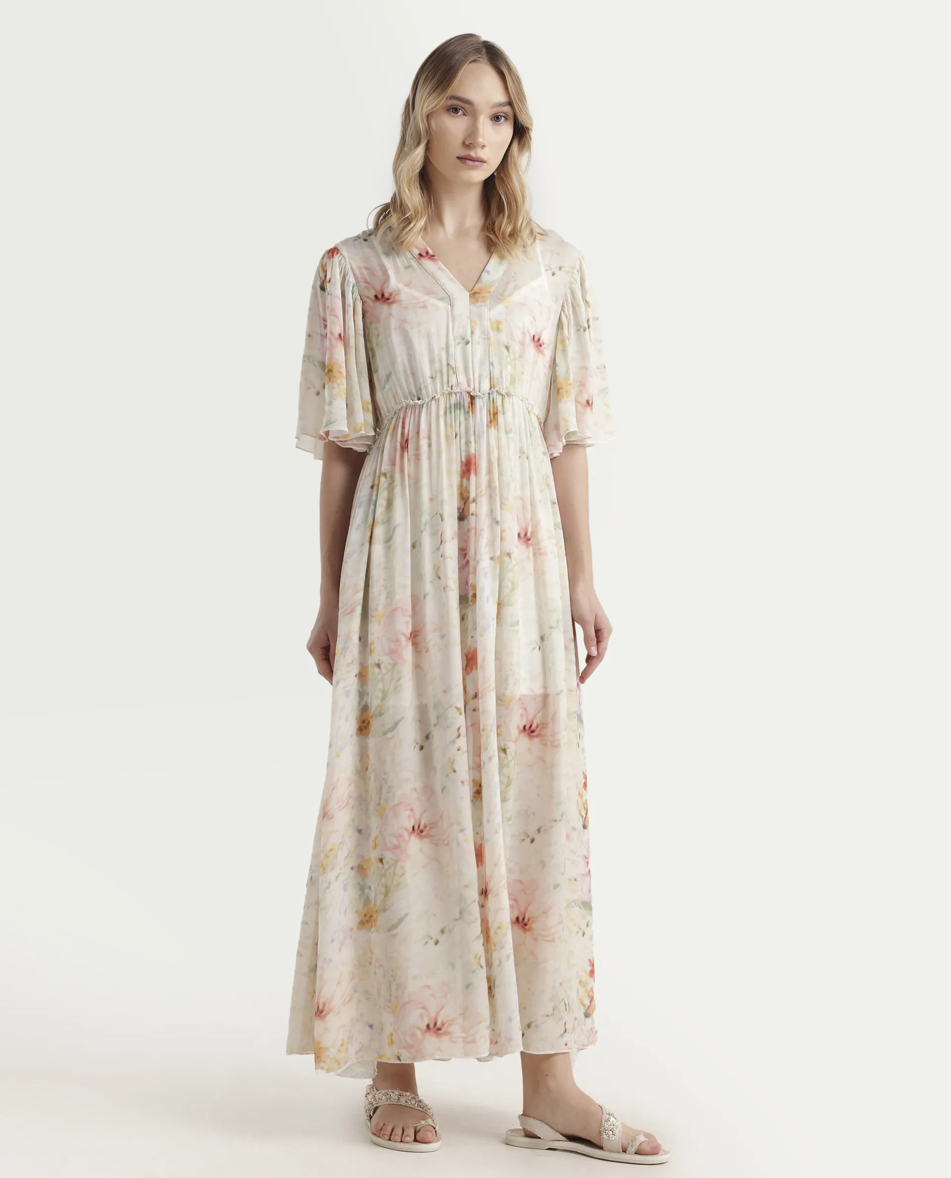 Rareism Women's Zenya Off White Polyester Blend V-Neck Floral Print Flared Sleeve Maxi Flared Dress - Image 6