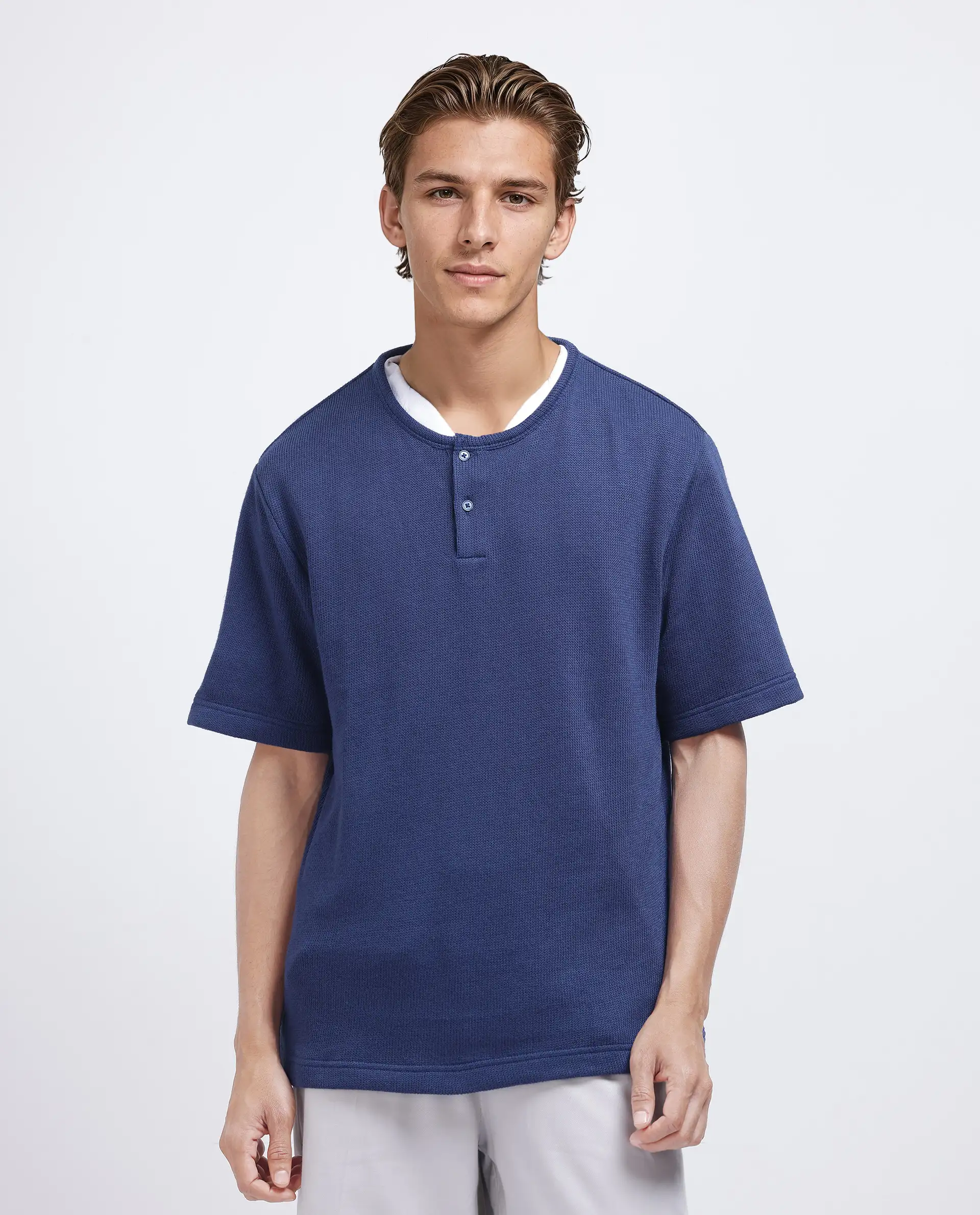 Rare Rabbit Men's Zeph Navy Cotton Blend Textured Boxy Fit Half Sleeve Crew Neck T-Shirt