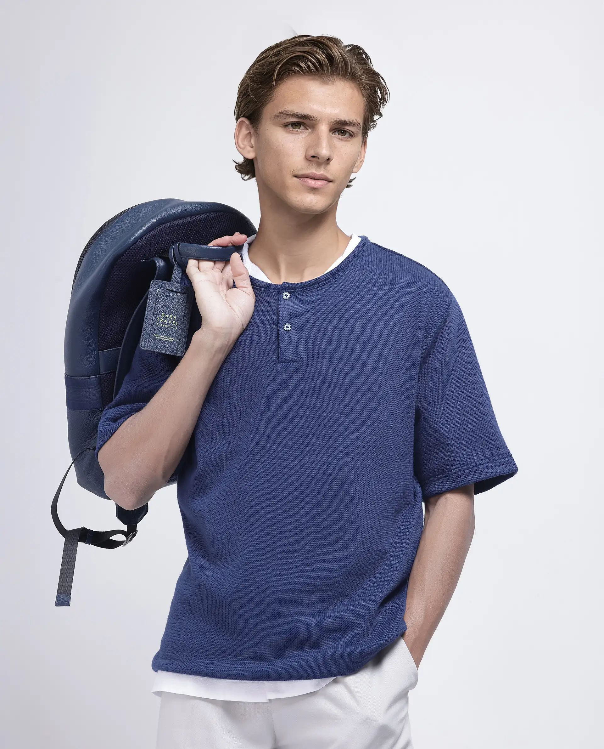 Rare Rabbit Men's Zeph Navy Cotton Blend Textured Boxy Fit Half Sleeve Crew Neck T-Shirt - Image 2