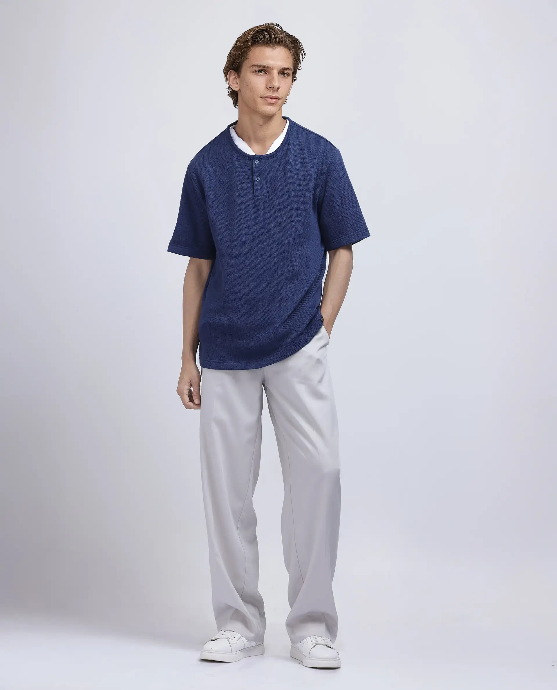 Rare Rabbit Men's Zeph Navy Cotton Blend Textured Boxy Fit Half Sleeve Crew Neck T-Shirt - Image 3