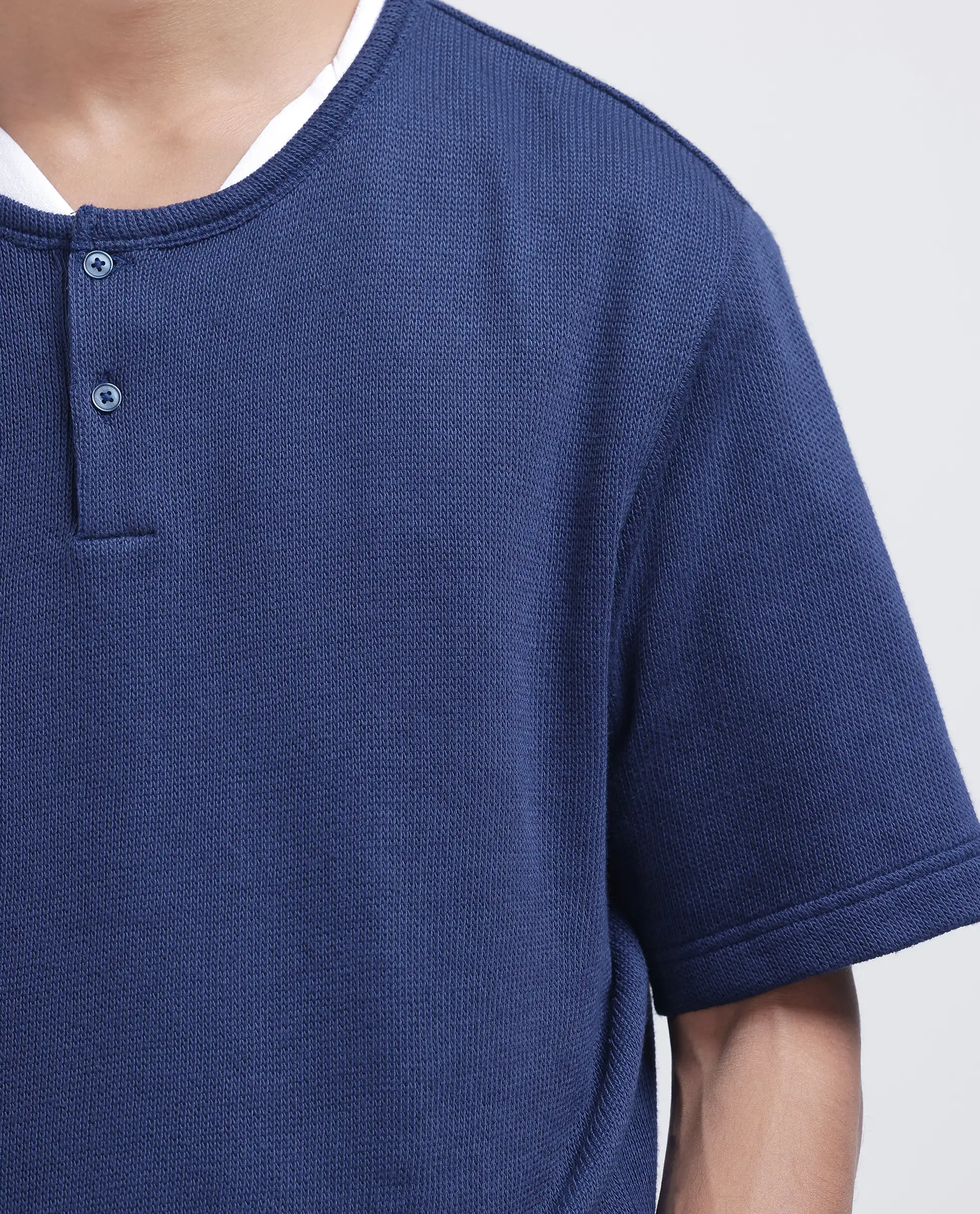 Rare Rabbit Men's Zeph Navy Cotton Blend Textured Boxy Fit Half Sleeve Crew Neck T-Shirt - Image 4