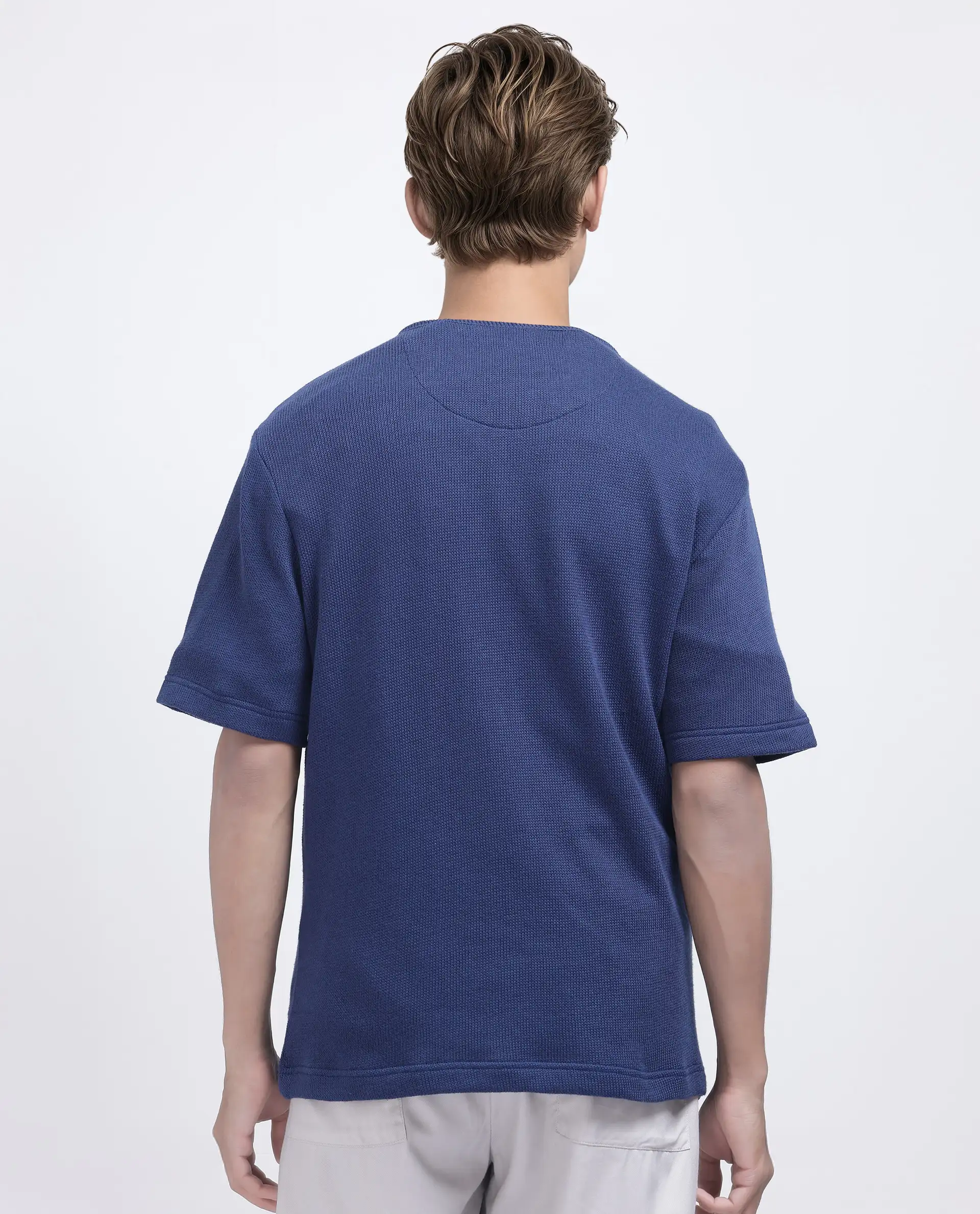Rare Rabbit Men's Zeph Navy Cotton Blend Textured Boxy Fit Half Sleeve Crew Neck T-Shirt - Image 5