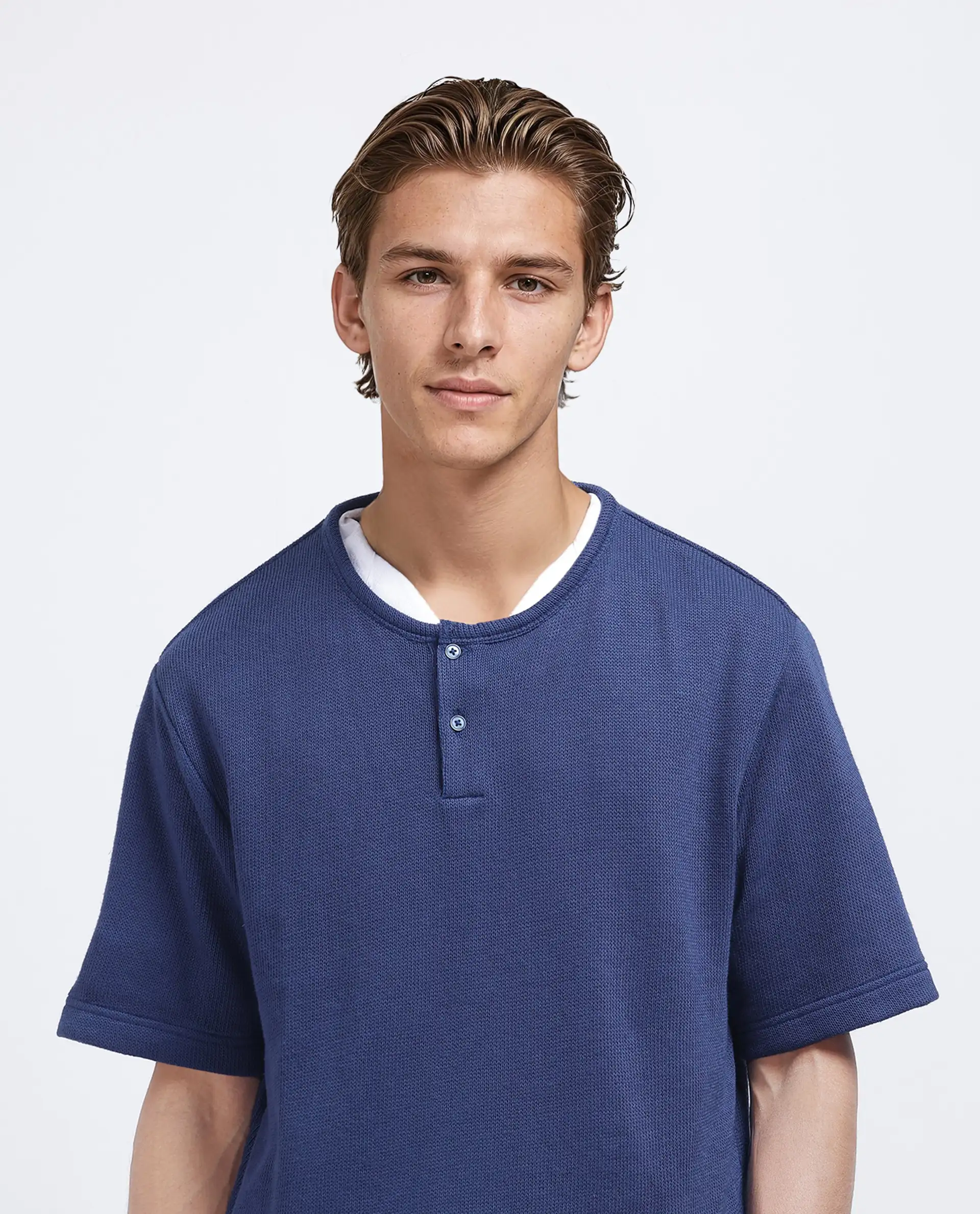 Rare Rabbit Men's Zeph Navy Cotton Blend Textured Boxy Fit Half Sleeve Crew Neck T-Shirt - Image 6