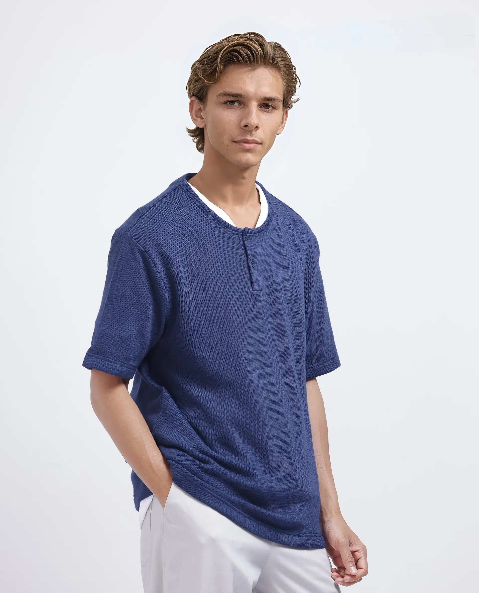 Rare Rabbit Men's Zeph Navy Cotton Blend Textured Boxy Fit Half Sleeve Crew Neck T-Shirt - Image 7