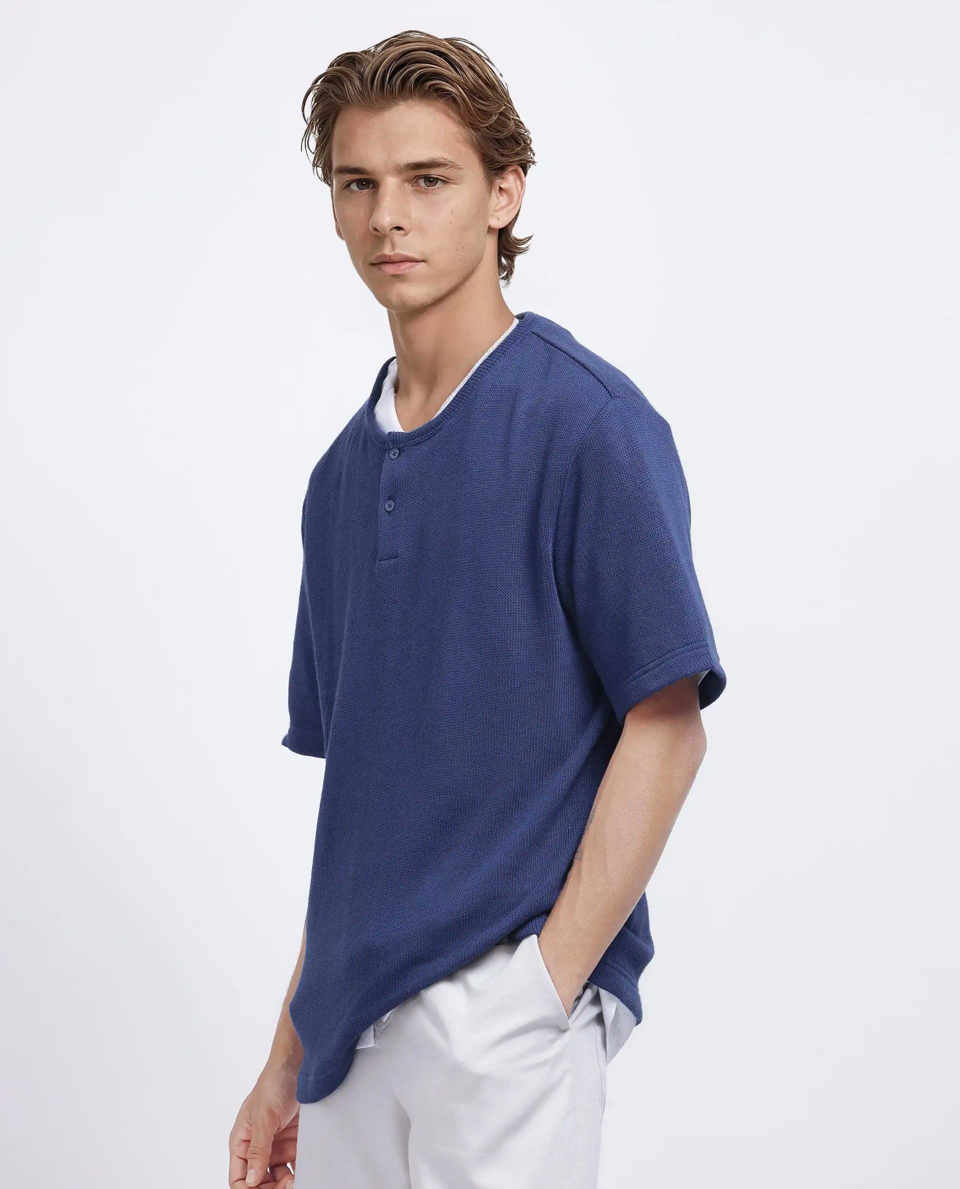 Rare Rabbit Men's Zeph Navy Cotton Blend Textured Boxy Fit Half Sleeve Crew Neck T-Shirt - Image 8