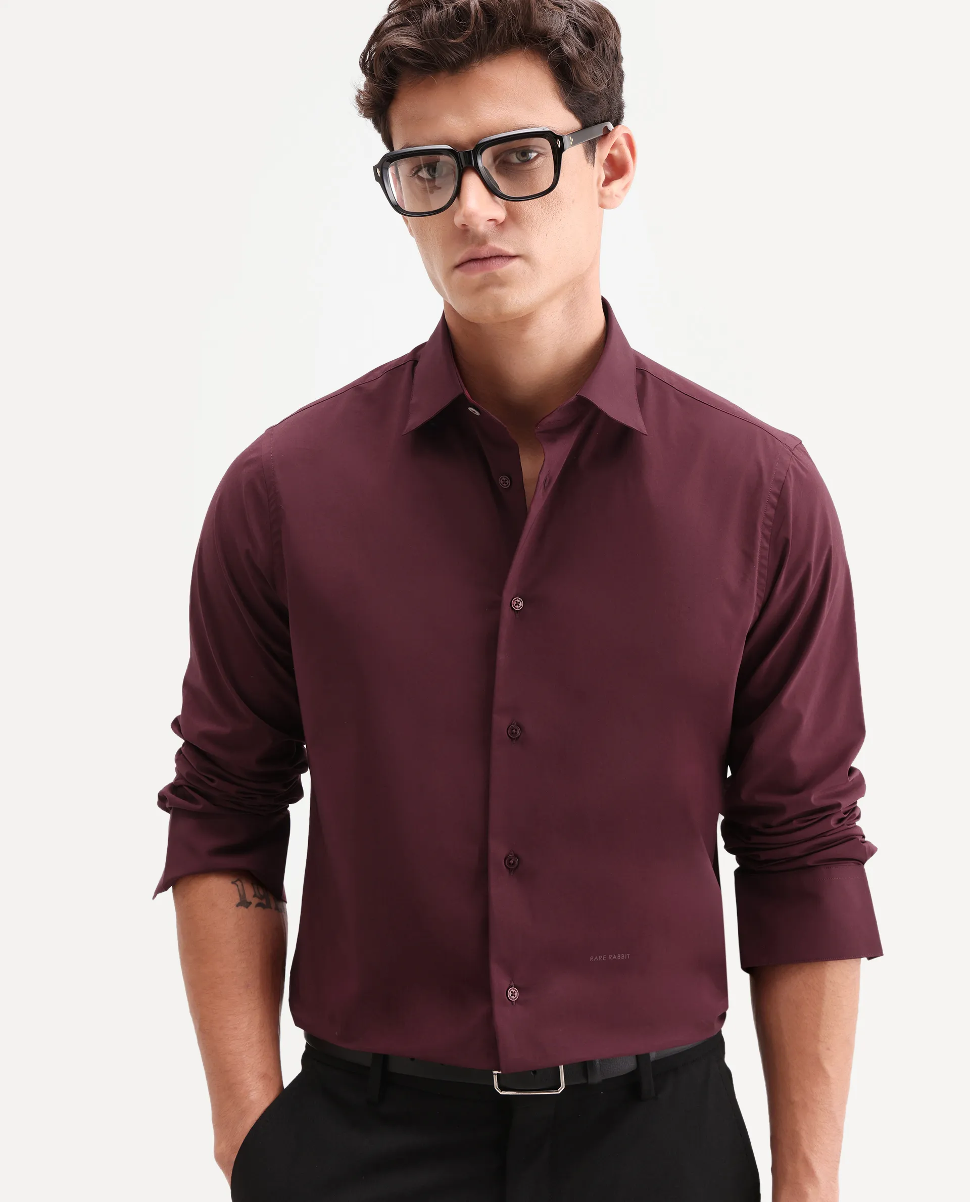 Rare Rabbit Men's Zidan Dark Maroon Cotton Blend Fabric Full Sleeve Spread Collar Button Regular Plain Shirt