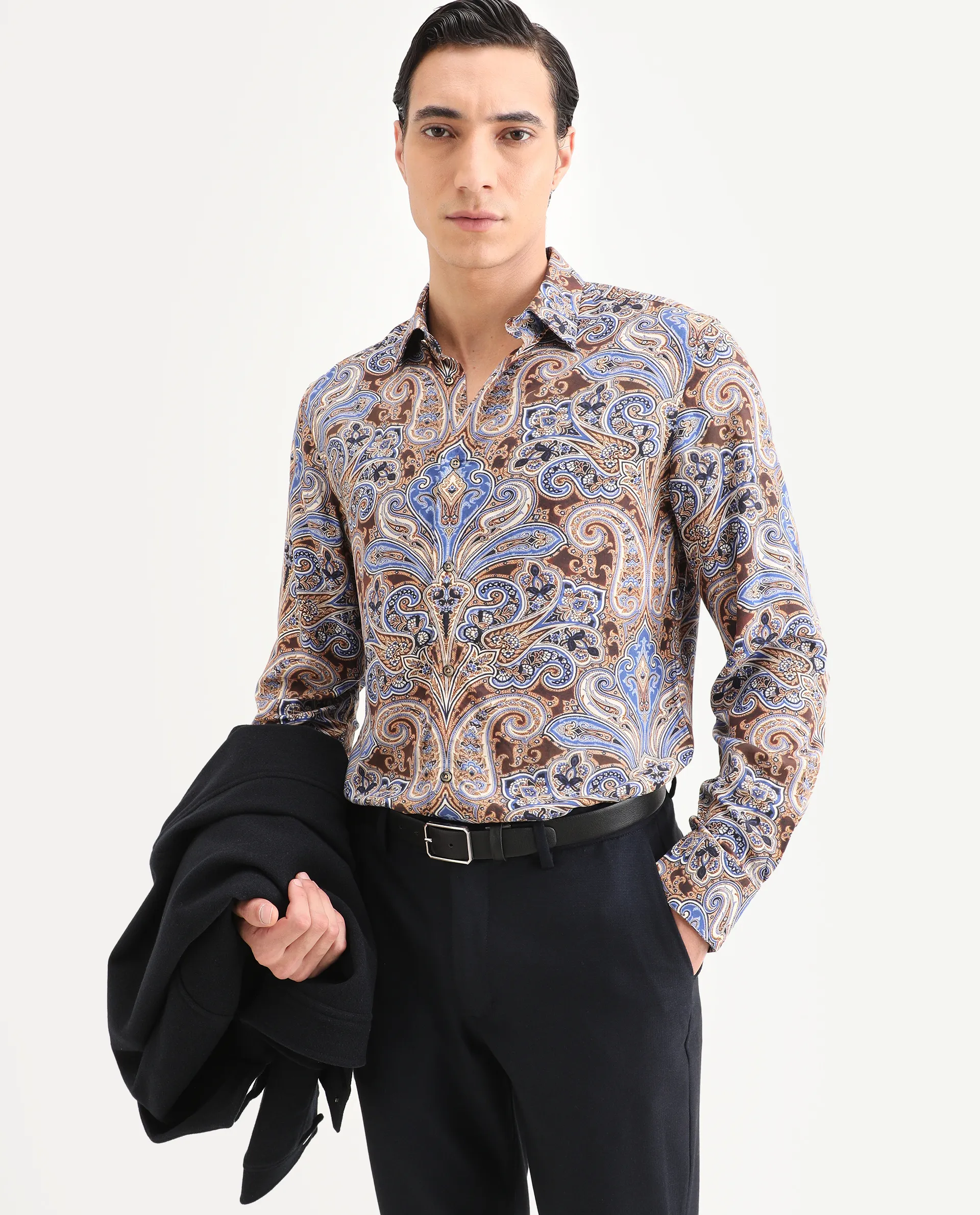 Rare Rabbit Men's Zila Brown Cotton Fabric Full Sleeve Spread Collar Regular Fit Paisley Print Shirt