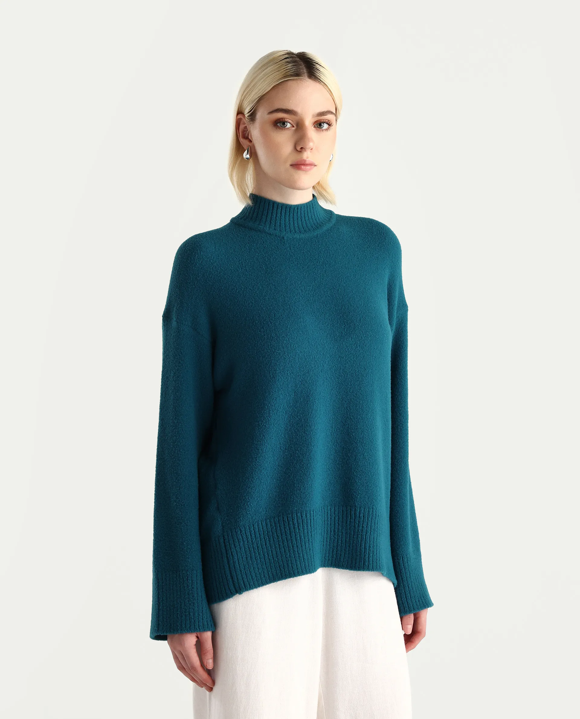 Rareism Women's Zilli Dark Petrol Nylon High Neck Oversize Fit Sweater - Image 6