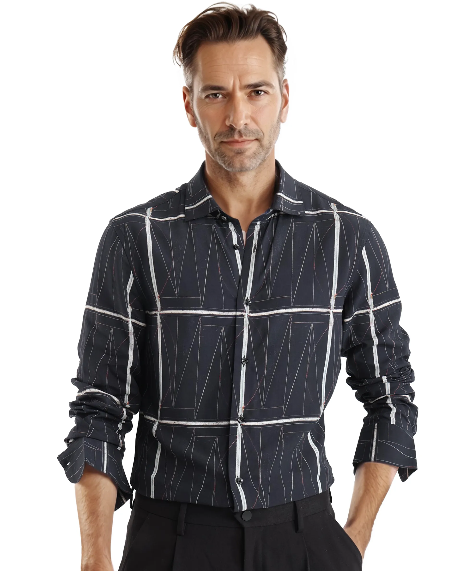 Rare Rabbit Men's Zilon Black Viscose Abstract Print Regular Fit Full Sleeve Collared Shirt