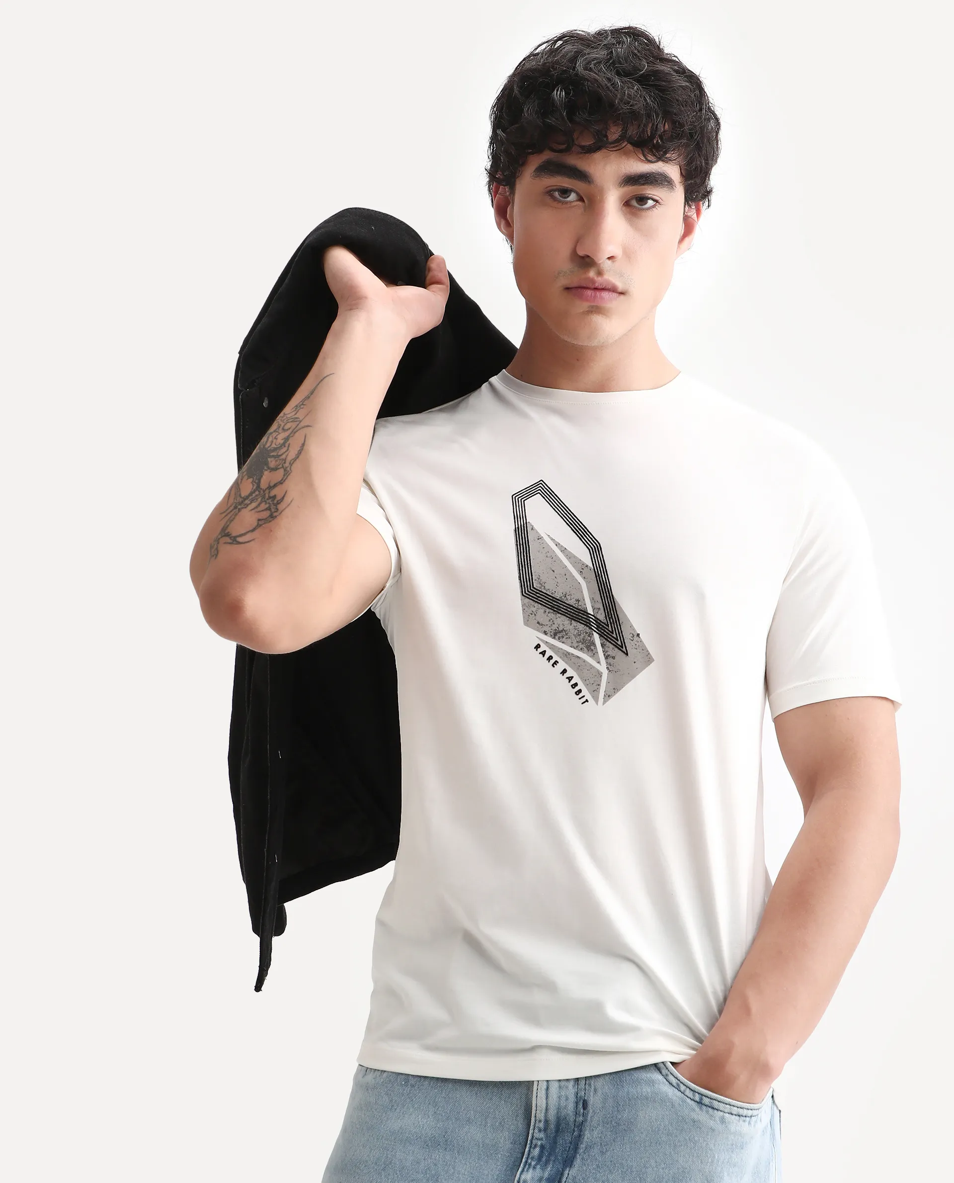 Rare Rabbit Men's Zima Off White Cotton Blend Graphic Print Regular Fit Half Sleeve Crew Neck T-Shirt