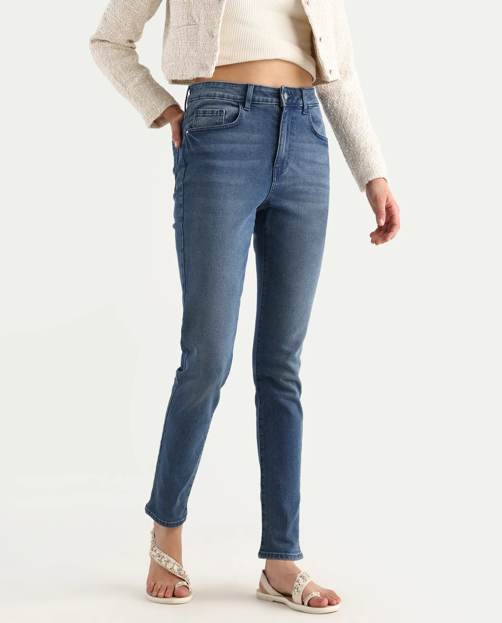 Rareism Women's Zinga Blue Cotton Blend Plain Ankle Length Skinny Fit Jeans - Image 2
