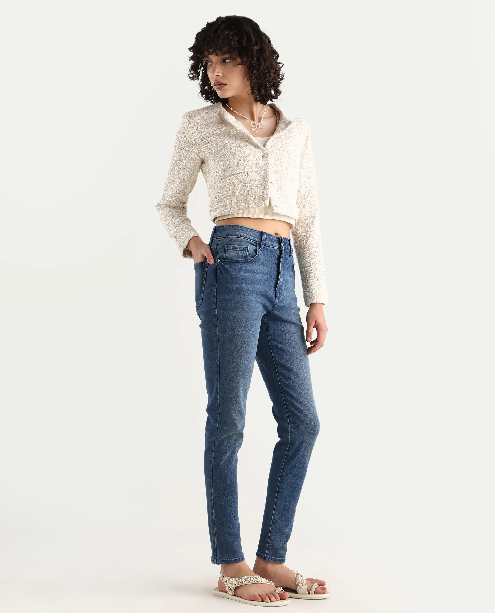 Rareism Women's Zinga Blue Cotton Blend Plain Ankle Length Skinny Fit Jeans - Image 6