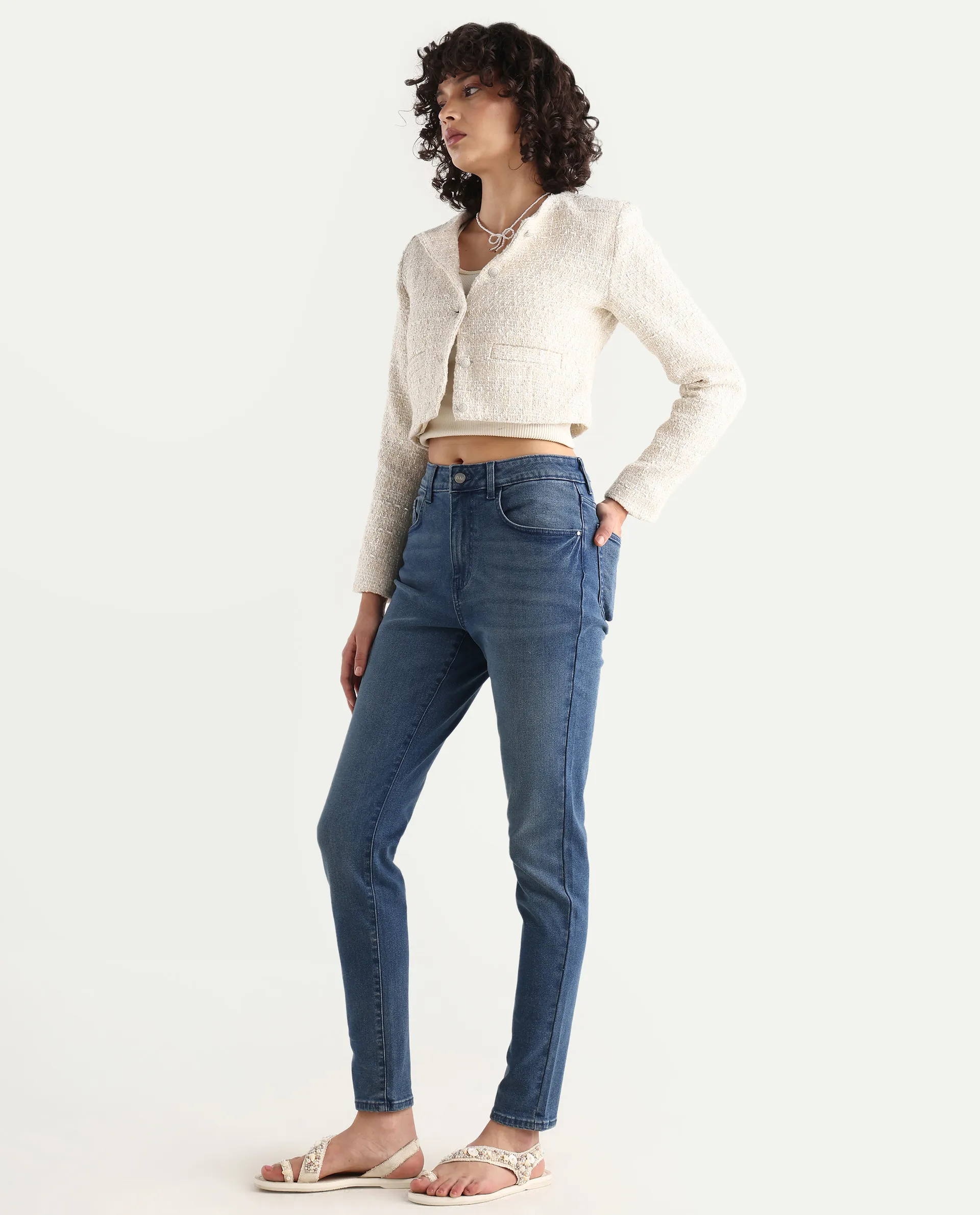 Rareism Women's Zinga Blue Cotton Blend Plain Ankle Length Skinny Fit Jeans - Image 7