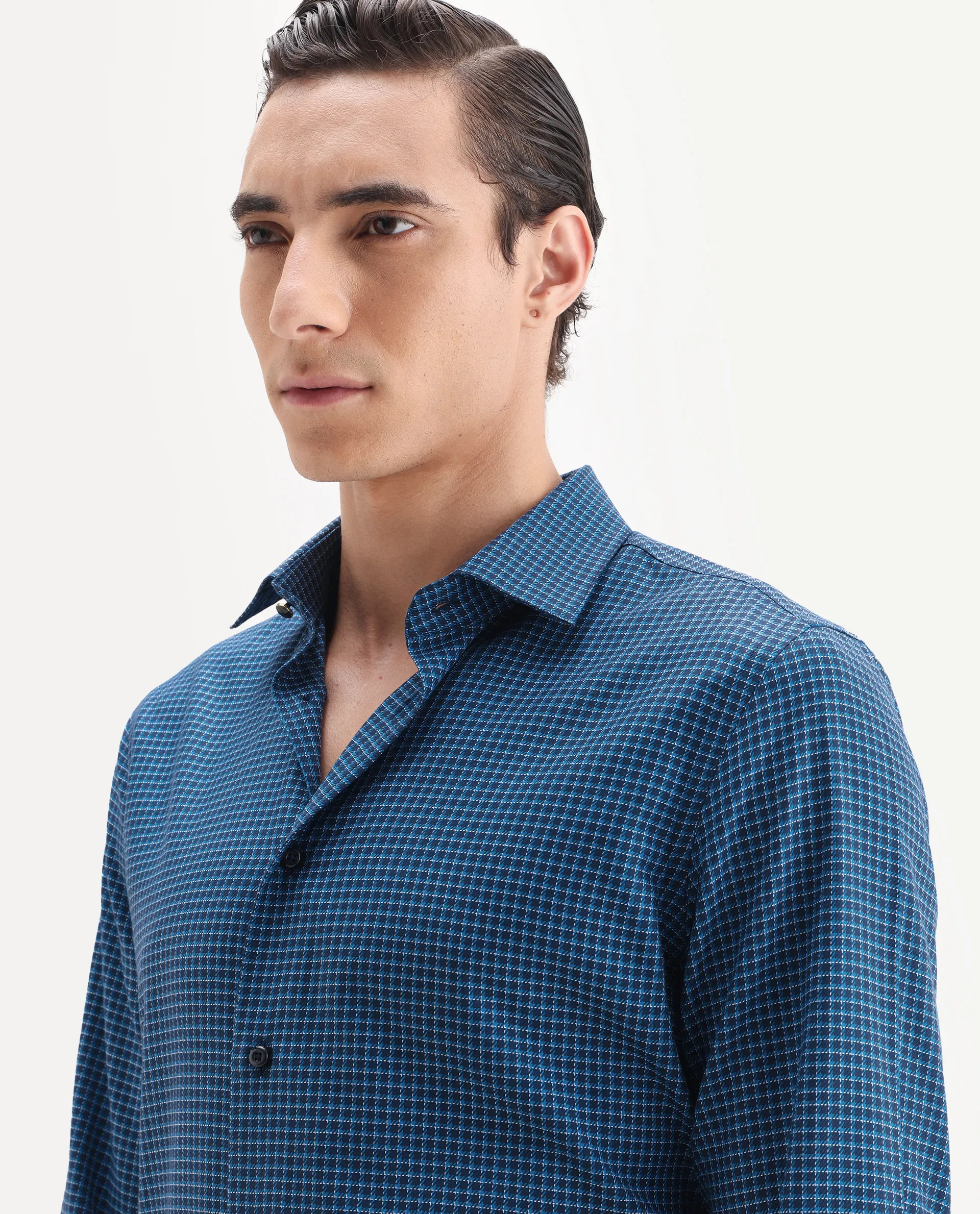 Rare Rabbit Men's Zint Navy Cotton Fabric Full Sleeve Regular Fit Checks Shirt