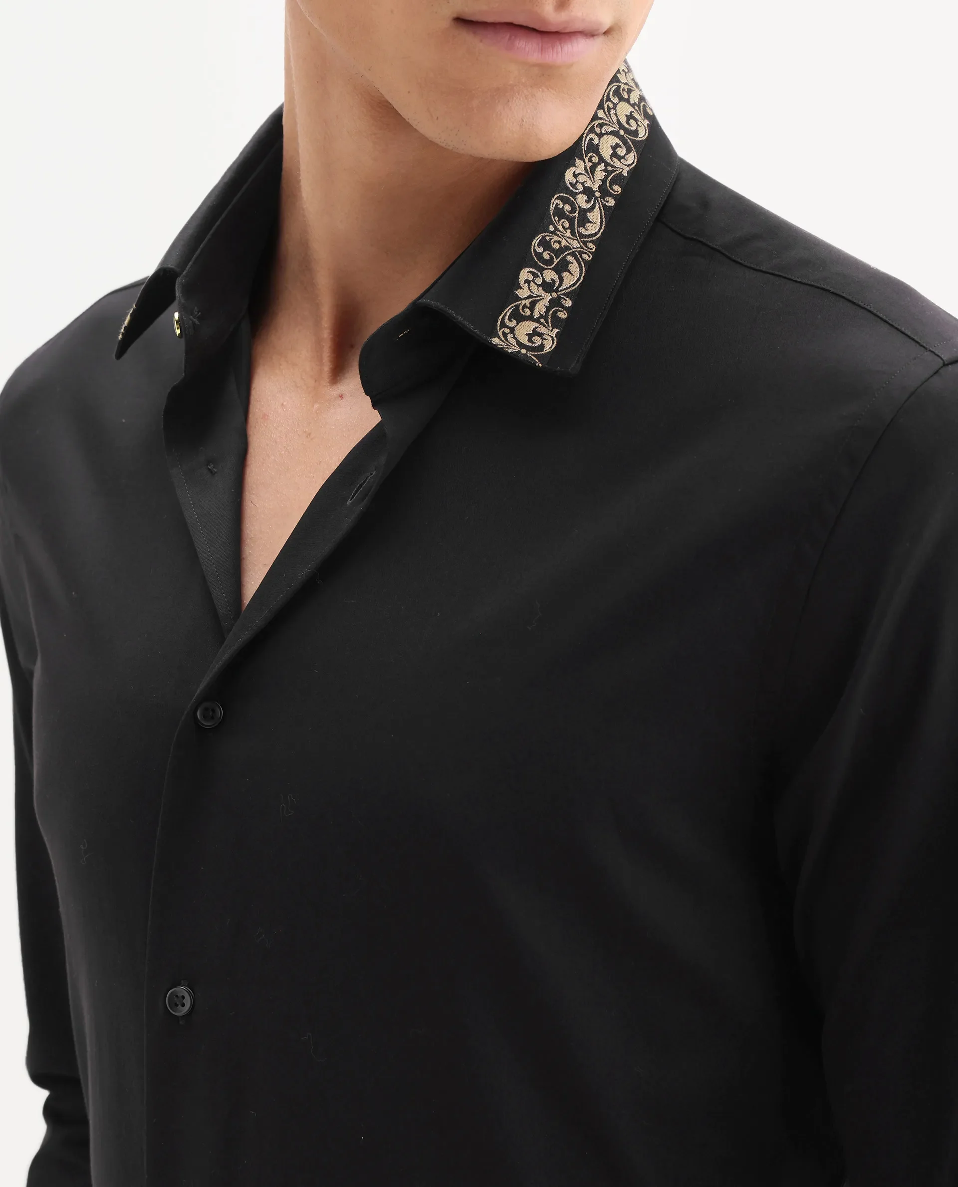 Rare Rabbit Men's Ziro Black Cotton Blend Fabric Full Sleeve Collared Neck Jacquard Shirt - Image 3