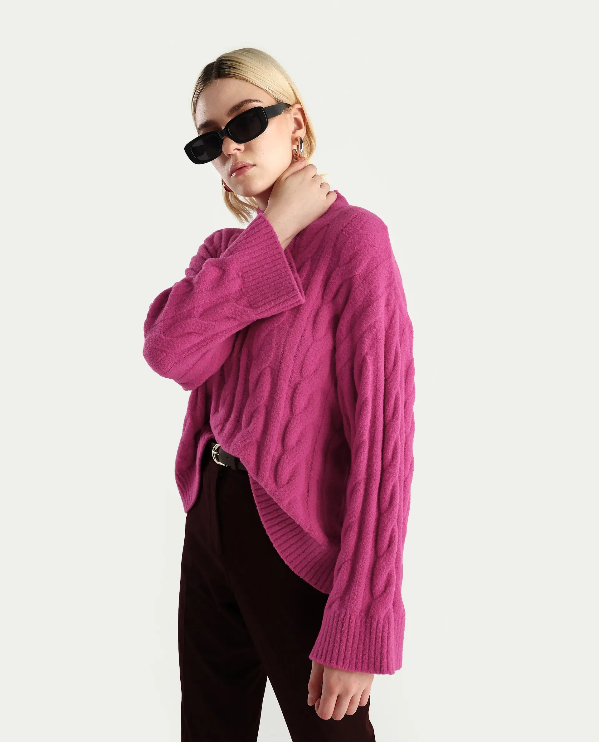 Rareism Women's Ziv Dark Pink Nylon High Neck Oversize Fit Sweater