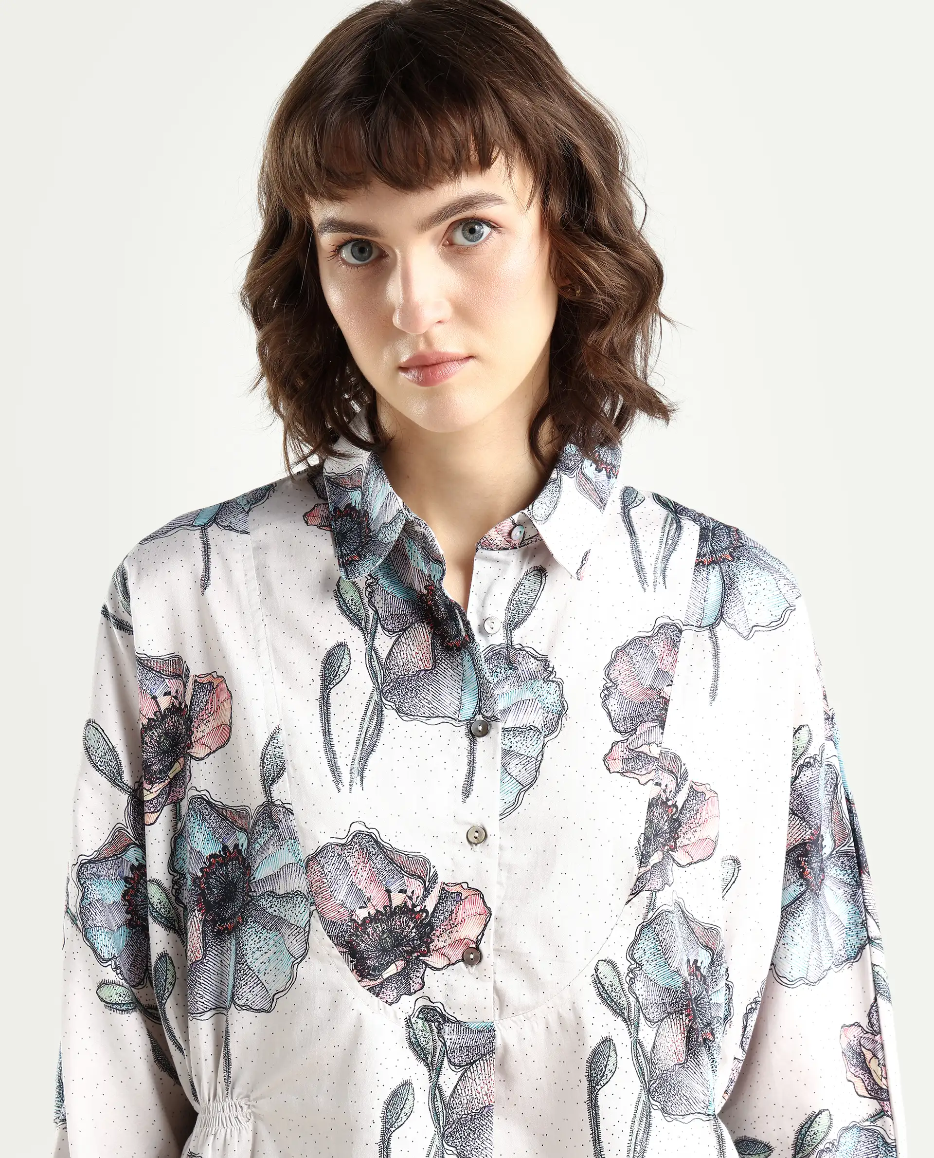 Rareism Women's Zobi Multi Drop Collar Floral Print Kimono Sleeve Regular Fit Top