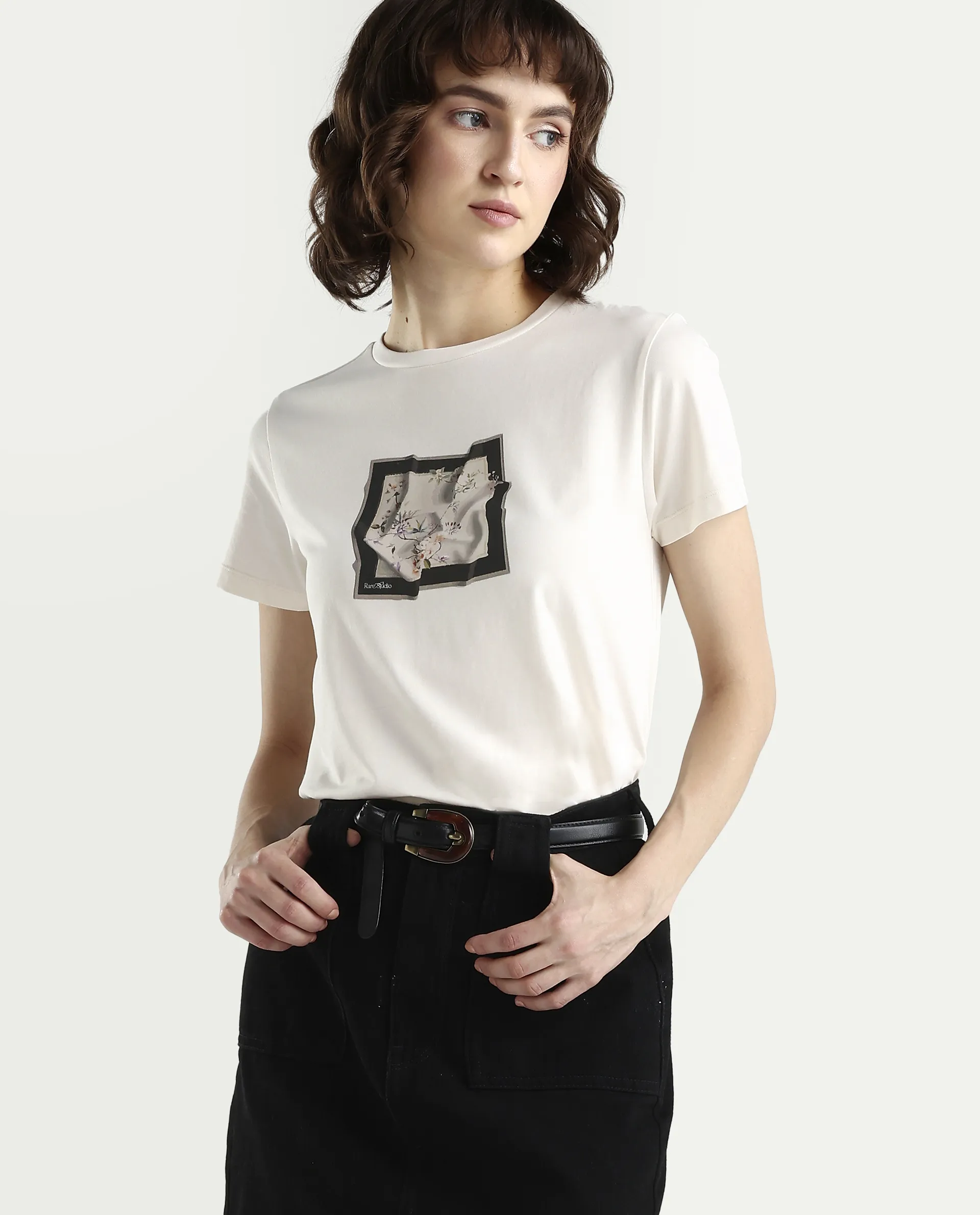 Rareism Women's Zoll Off White Cotton Blend Half Sleeve Regular Fit Printed T-Shirt