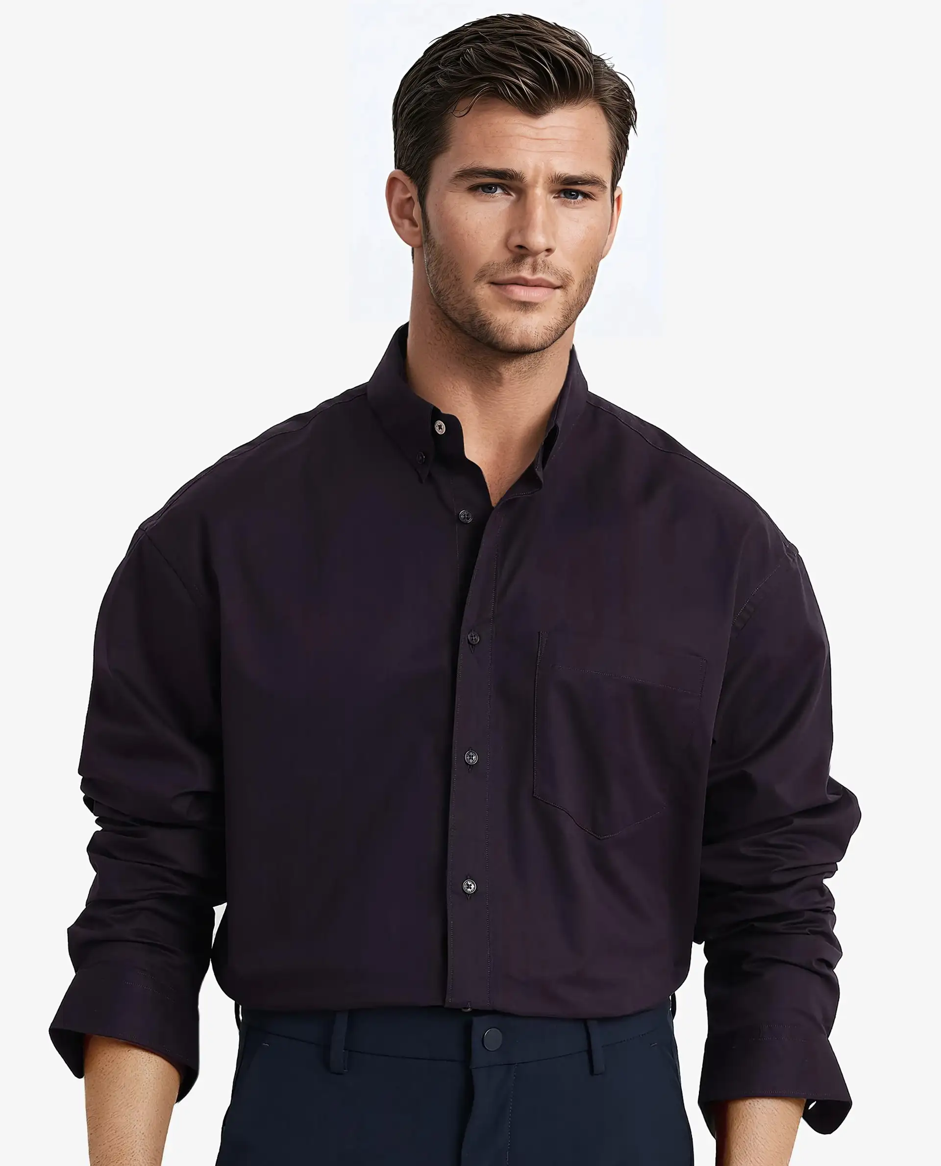 Rare Rabbit Men's Zord Dark Purple Cotton Plain Boxy Fit Full Sleeve Collared Shirt