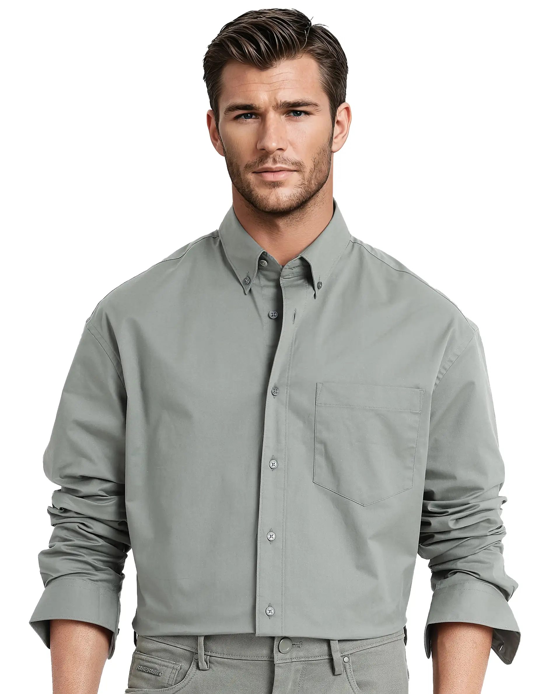 Rare Rabbit Men's Zord Green Cotton Plain Boxy Fit Full Sleeve Collared Shirt