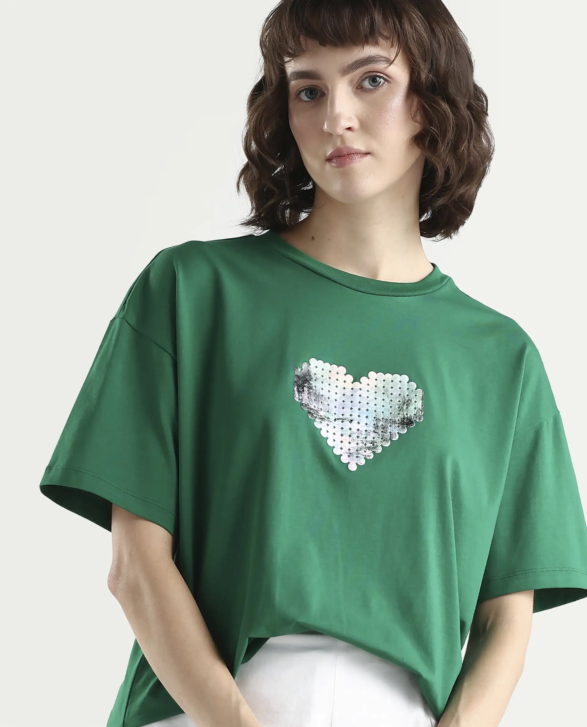 Rareism Women's Zule Dark Green Cotton Blend Half Sleeve Boxy Hd Print T-Shirt