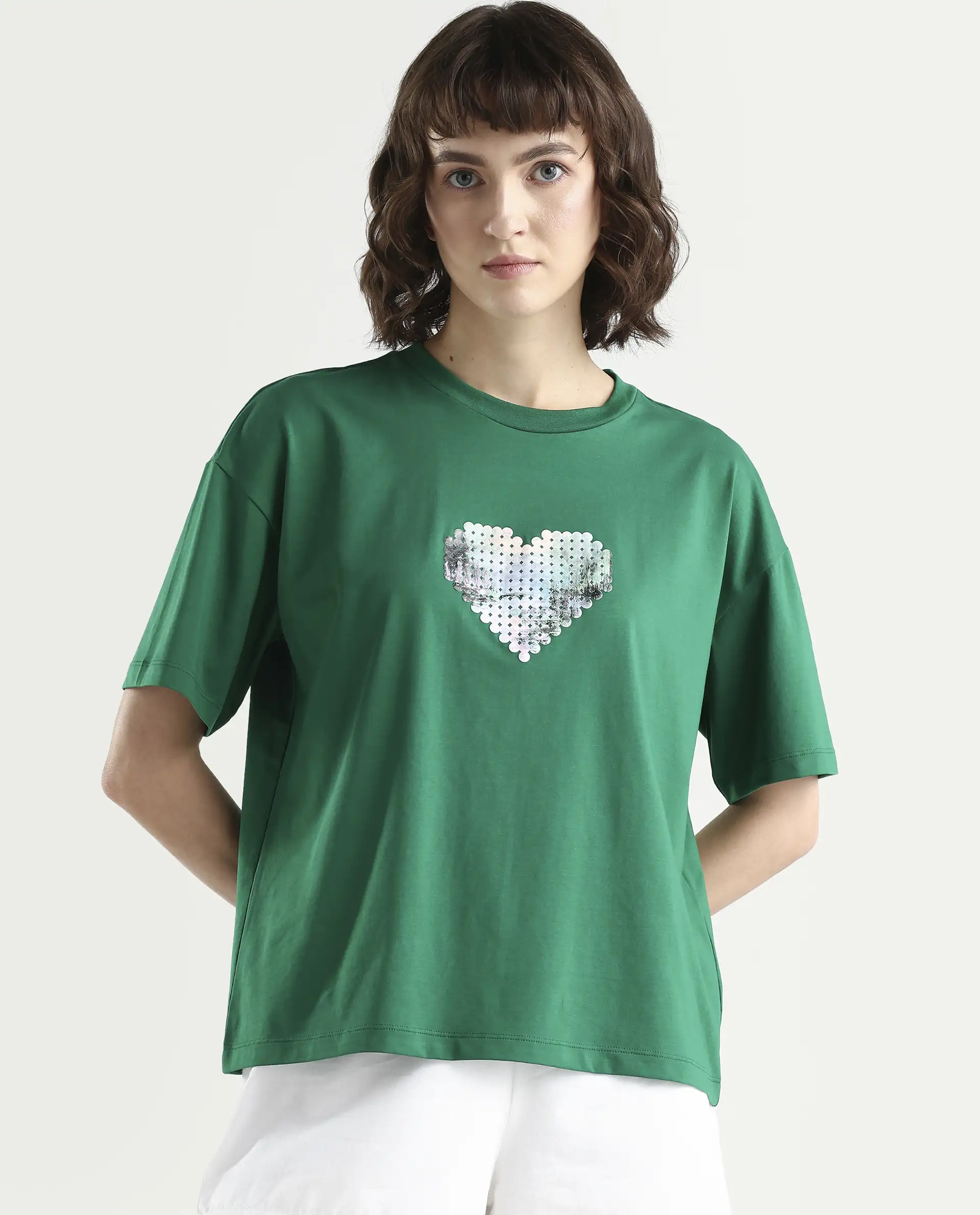Rareism Women's Zule Dark Green Cotton Blend Half Sleeve Boxy Hd Print T-Shirt - Image 2