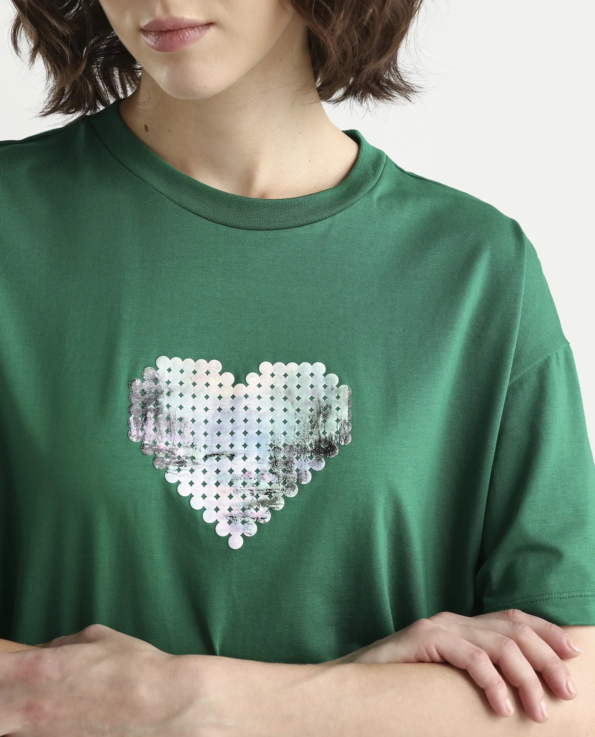 Rareism Women's Zule Dark Green Cotton Blend Half Sleeve Boxy Hd Print T-Shirt - Image 4