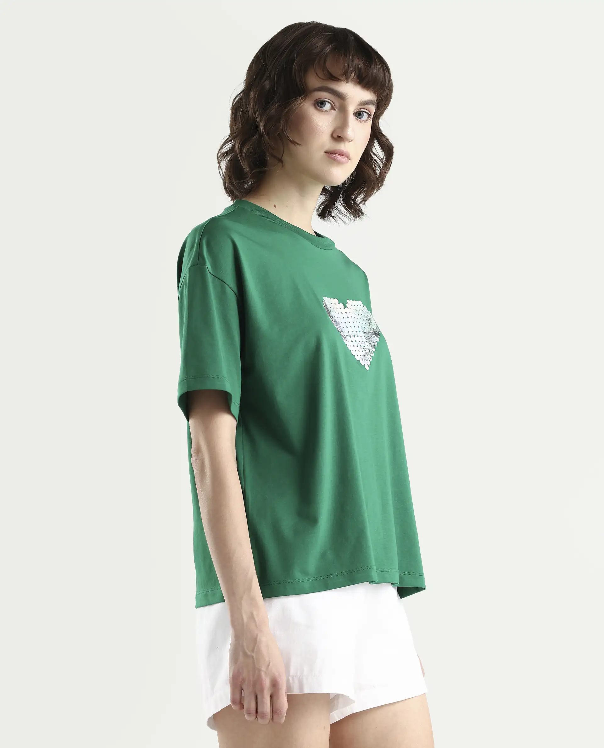 Rareism Women's Zule Dark Green Cotton Blend Half Sleeve Boxy Hd Print T-Shirt - Image 5