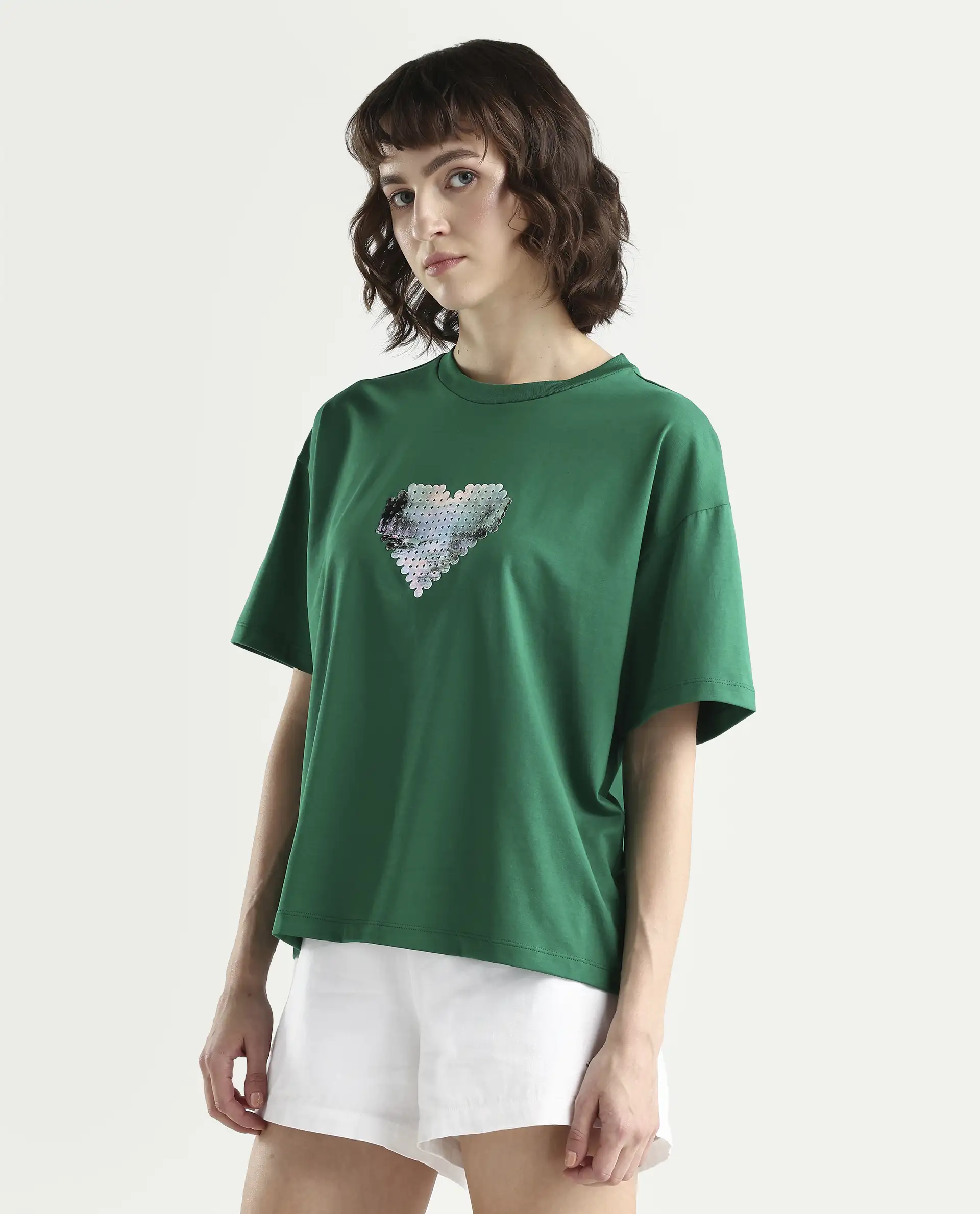 Rareism Women's Zule Dark Green Cotton Blend Half Sleeve Boxy Hd Print T-Shirt - Image 6