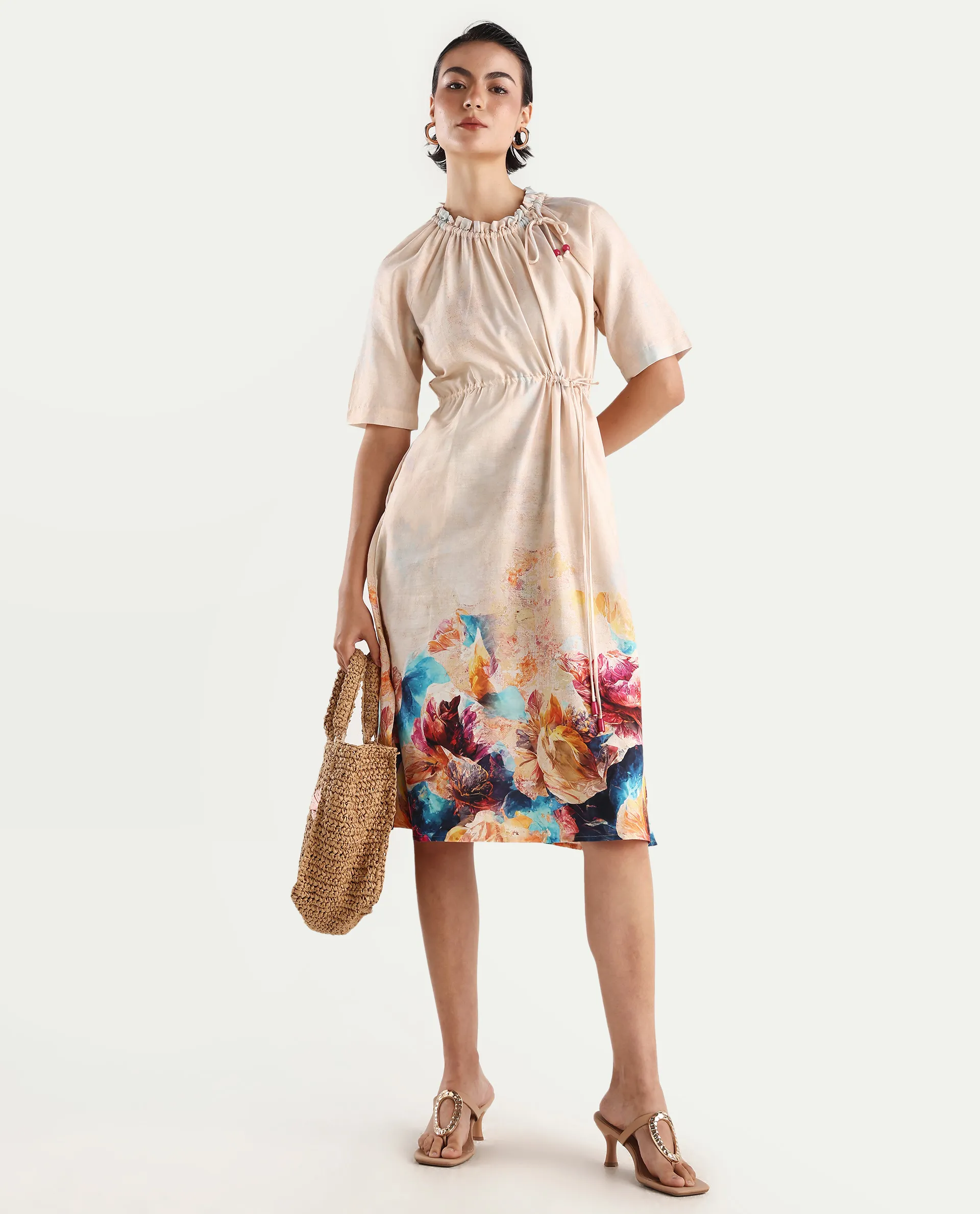 Rareism Women's Zushi Multi Cotton Blend Ruffled Neck Floral Print Raglan Sleeve Knee Length A-Line Dress