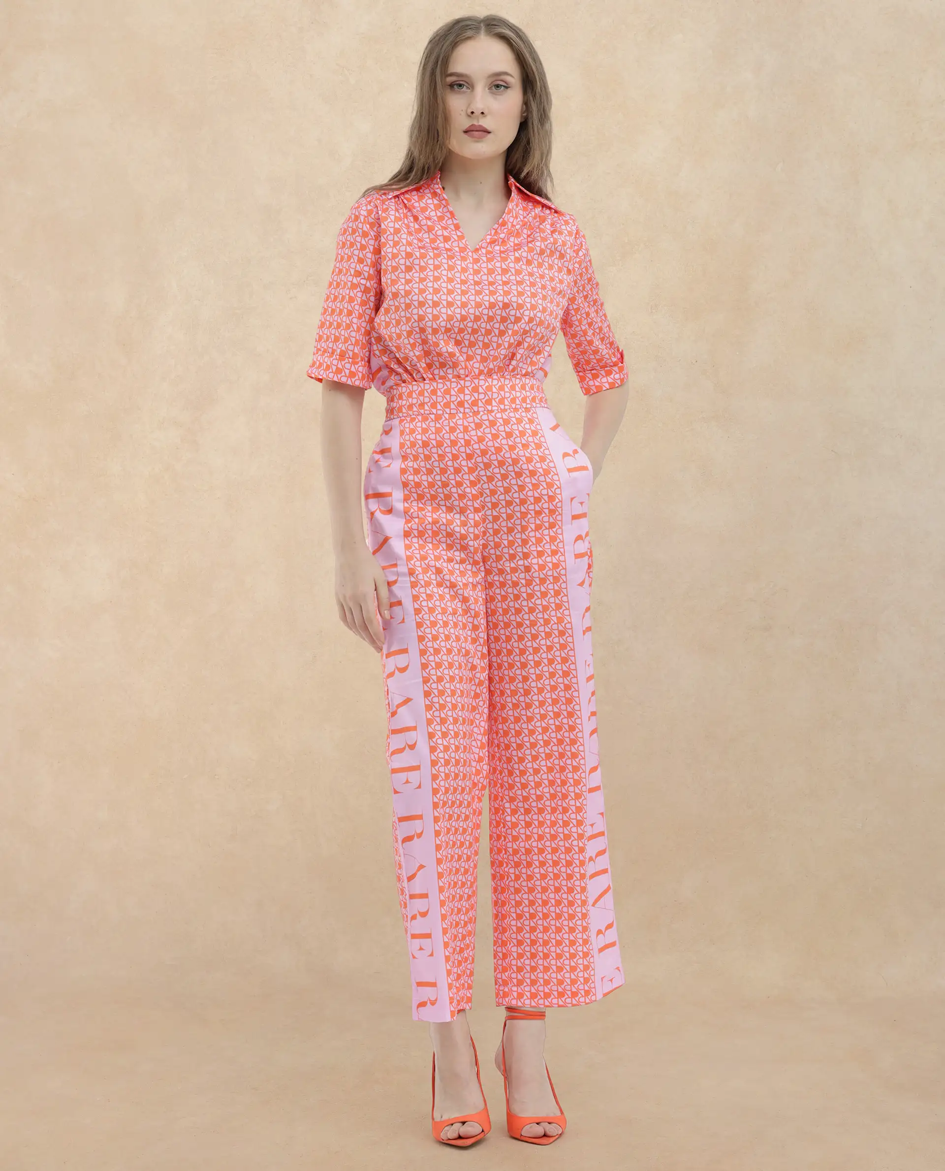 Rareism Women's Zyon-B Pink Cotton Monogram Print Ankle Length Straight Fit Trouser - Image 9