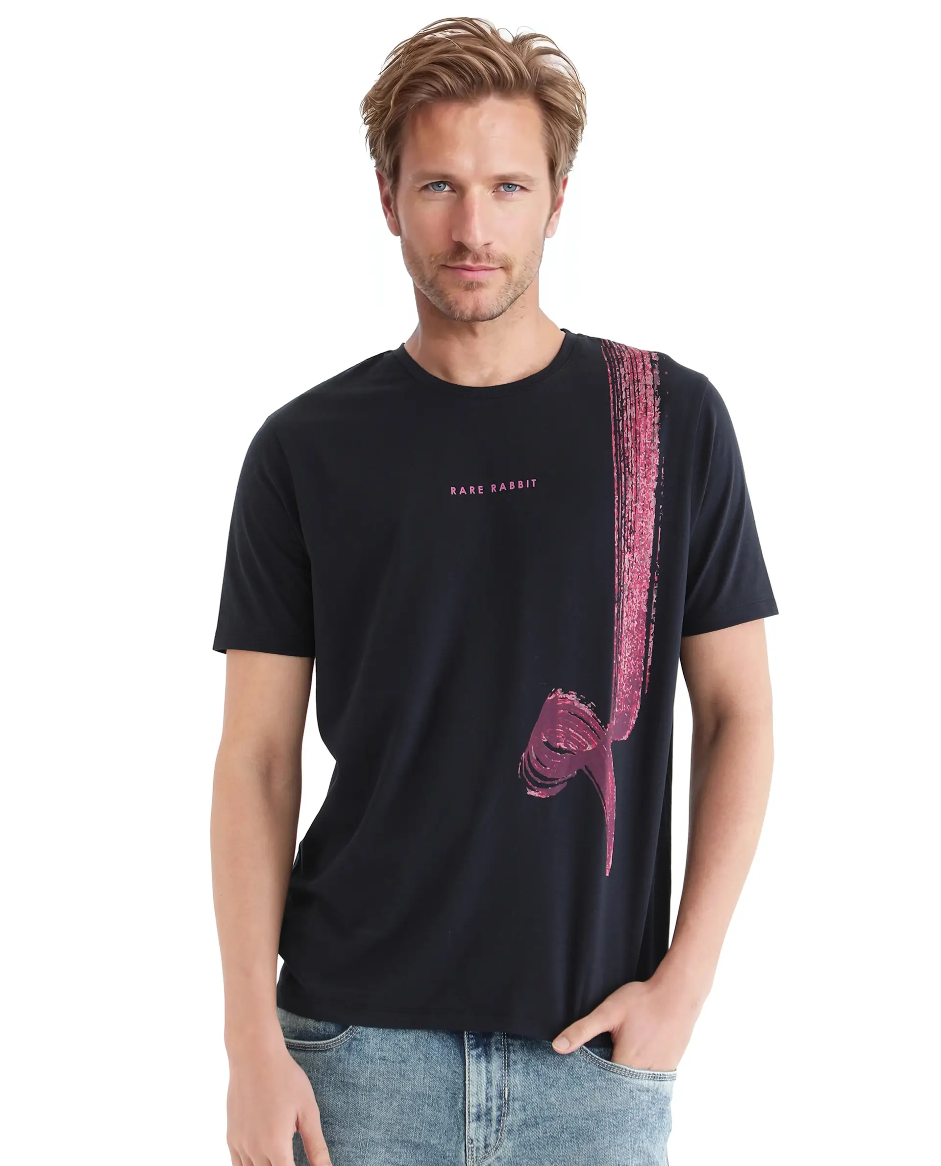 Rare Rabbit Men's Zyra Navy Cotton Abstract Print Regular Fit Half Sleeve Crew Neck T-Shirt