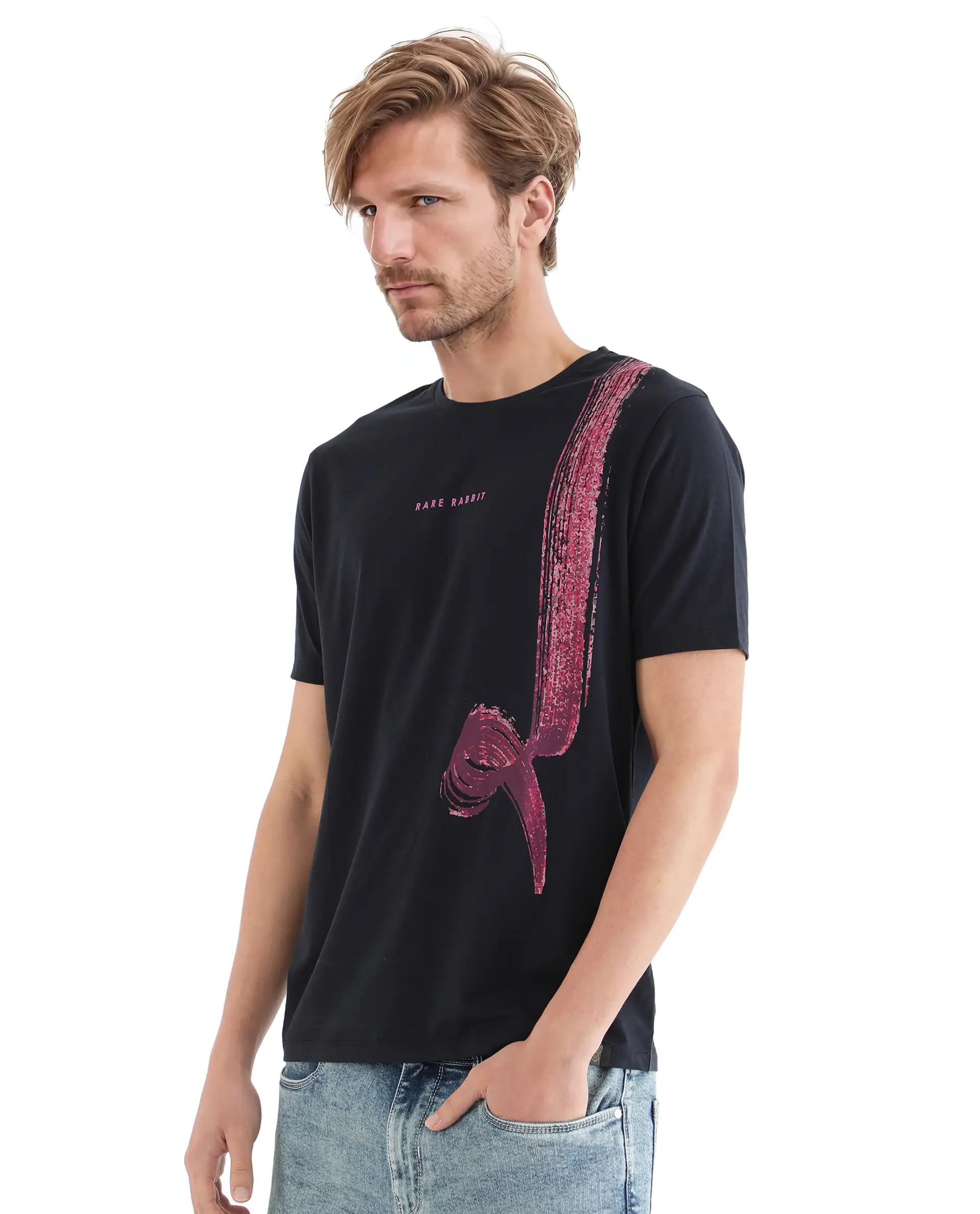 Rare Rabbit Men's Zyra Navy Cotton Abstract Print Regular Fit Half Sleeve Crew Neck T-Shirt - Image 4