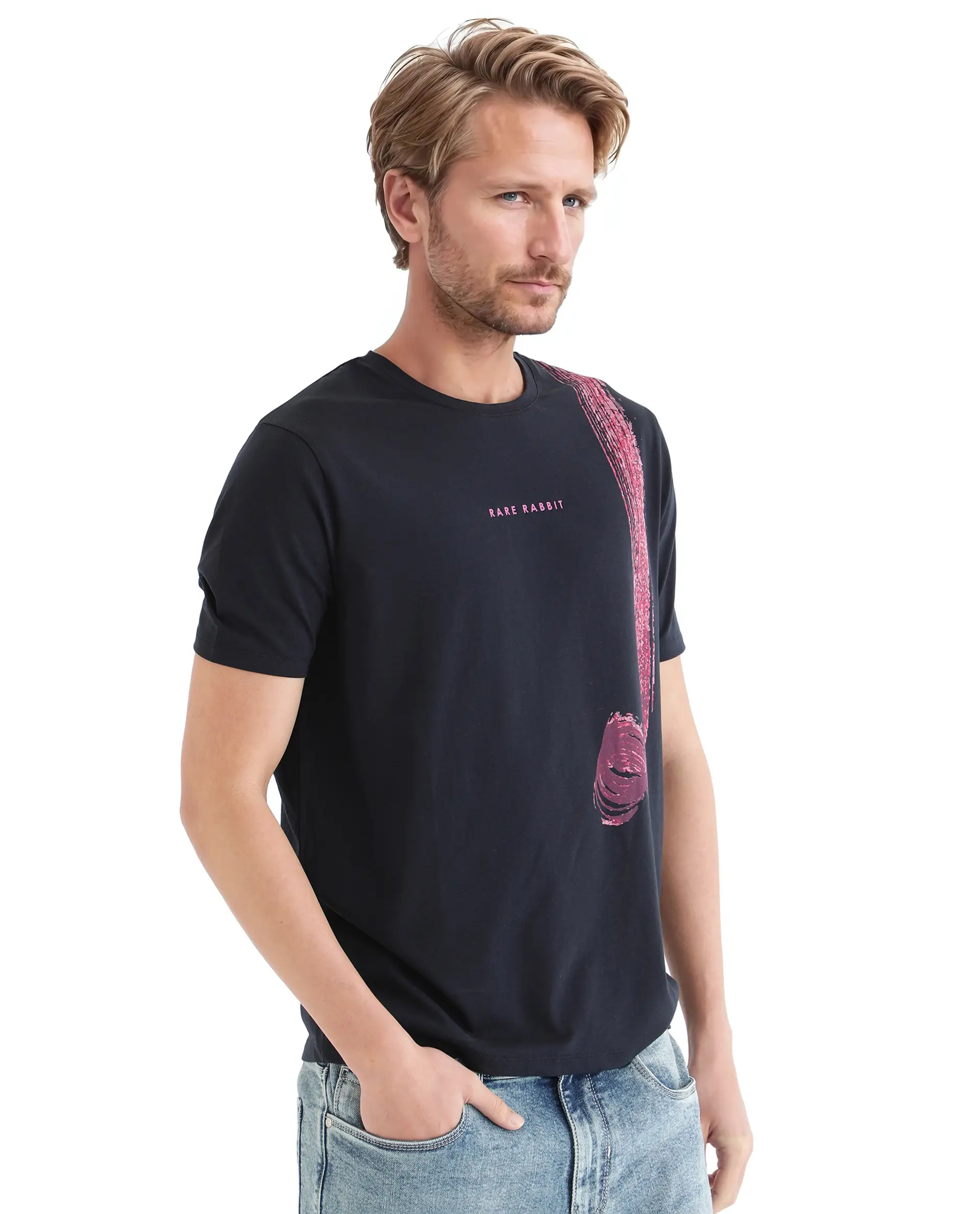 Rare Rabbit Men's Zyra Navy Cotton Abstract Print Regular Fit Half Sleeve Crew Neck T-Shirt - Image 5